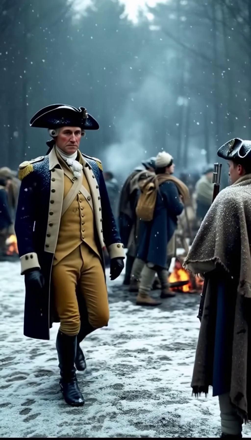Prompt: You will set the scene using the following prompts and criteria, General George Washington will be the center piece of the video. He will be walking through Valley forge with a heavy snow fall. General Washington will greet a Soldier and shake his hand then hand him a wool blanket. General Washingtons expression will be slightly blank, but smiles when he gives the soldier the blanket, then he his expression will go blank when he looks back at the camera. when he looks back at the camera, he will look disappointed.

In the background there will be revolutionary soldiers sitting around camp fires trying to stay warm, going through the struggle of the cold. Some will be bandaged from wounds. there will a few small canvas tents around the log cabins in the prompt. from the 1700s that will be around the soldiers as well. He will say "we did not suffer through this war to see our great great grandchildren destroy our country from within."

In the background there will be revolutionary soldiers sitting around camp fires trying to stay warm, going through the struggle of the cold. Some will be bandaged from wounds. there will a few small canvas tents around the log cabins in the prompt. from the 1700s that will be around the soldiers as well. 
