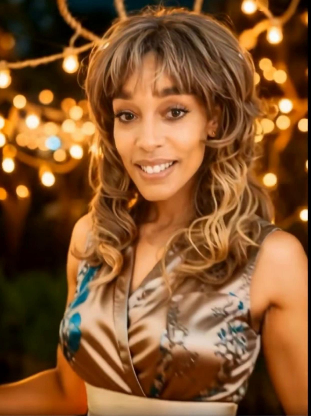 Prompt: Create an **ULTRA-realistic lifestyle image featuring the same woman from the reference photo,
She should have an identical face, makeup, same hair highlighted color and expression, with no alterations to her facial features: 50YR OLD LIGHT SKINNED BLACK WOMAN WITH YOUTHFUL APPEARANCE, DO  NOT ALTER REFERENCE  IMAGE FACIAL FEATURE.  CHARACTER HAS  LIGHT brown hair that has blonde highlights, LONG LOOSE WAVEY HAIR, LOOSE BANGS THAT COVER FOREHEAD AND LONGER WAVY HAIR LAYERED AROUND HER FACE THAT CASCADES OVER HER SHOULDERS AND HANGS 3/4 DOWN HER BACK . SHE  HAS TANNED, GOLDEN HONEY COMPLEXION  
and is wearing a Elegant FITTED high-waisted silk gown with a flowing skirt and wrap-style bodice. The dress features a dramatic thigh-to-waist slit that opens subtly with movement, such as walking or turning. Designed to flatter a FULLER BREAST, the bodice provides full coverage without revealing cleavage, while still showcasing a naturally contoured silhouette. The fabric is a soft champagne silk that drapes gracefully, enhancing the dress’s luxurious and sophisticated feel. COMPLIMENTS HER HOURGLASS FIGURE.  5'4 HEIGHT, 148LBS. DEFINED WAISTLINE. Her eyes are large and almond-shaped, accentuated with long, dark eyelashes, and she is wearing a natural-looking, LIPGLOSS.  SHE IS DANCING, WITH her arms outstretched, allowing the dress to billow around  HER WITH shoulders relaxed, confident grin, The background is blurred but features warm, glowing string lights that create a bokeh effect,. The lights are slightly out of focus, with their soft yellow glow contrasting against the darker background. The overall composition of the photograph emphasizes the woman's cheerful expression and the warm, inviting ambiance created by the string lights. IT has a warm color tone, highlighting the subject's features and the glowing lights in the background.
