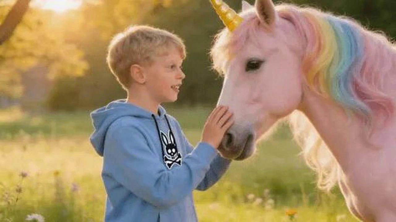 Prompt: Boy mounts the unicorn.  The unicorn then gallops and flys into the sky.