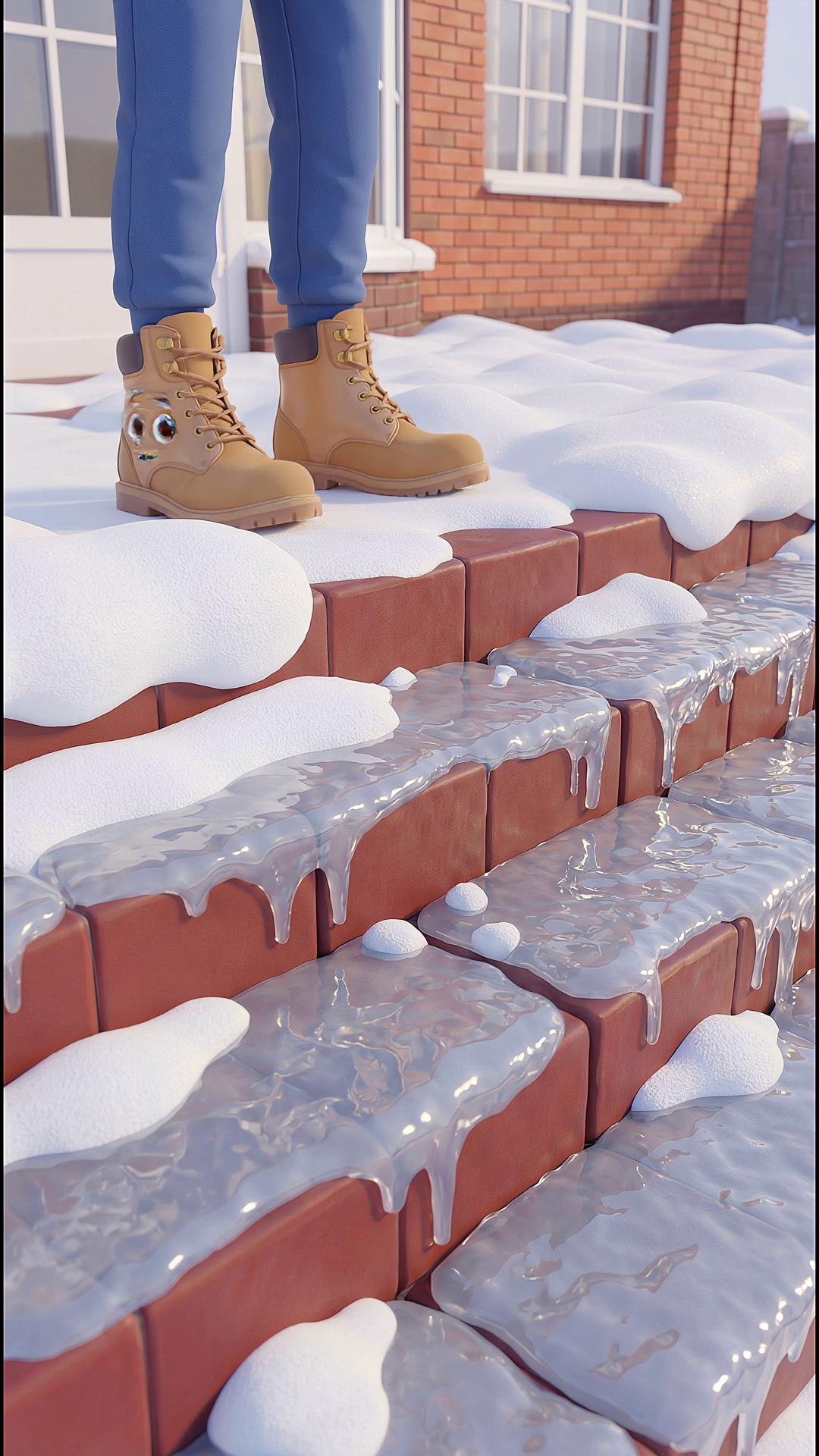 Prompt: Make a video in which the environment doesn't change and the face on the shoe doesn't change shape. The video begins with the camera moving close to the shoe, and the foot on which the face is standing steps toward the step, lifts its foot, and is about to step on it. At that moment, while the foot is in the air, the shoe on which the face is standing appears afraid and frantically looks at the ice on the step and says the phrase, he boot speaks in a cartoonish, slightly grumpy male voice, saying in Russian: "Wait. Look at this ice!". Immediately after the phrase, the foot retracts, looking wary and dangerous. The camera remains close to the shoe and films its movements. The scene ends with both feet standing where they were at the beginning, but the face is fearful and angry near the shoe.