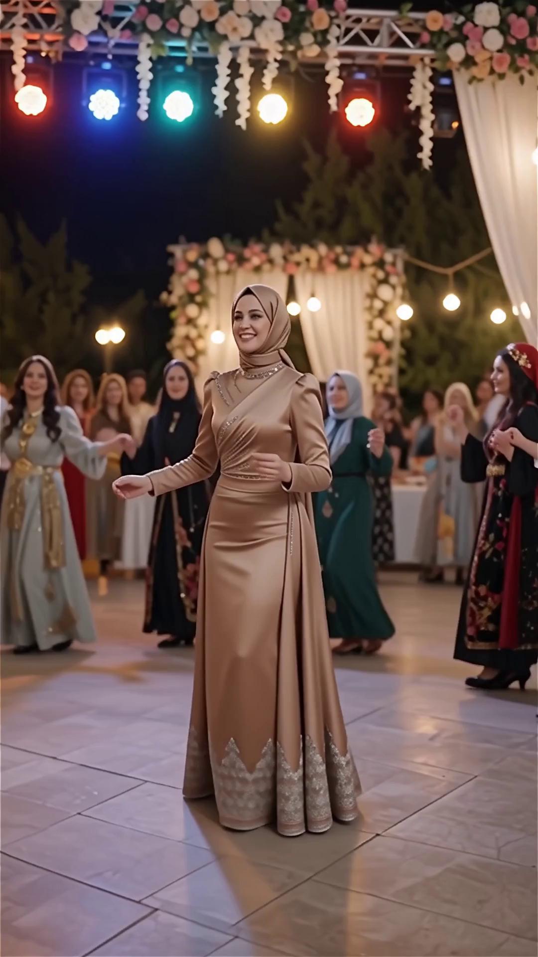 Prompt: Mevcut videonun stili, ışığı, kamera açısı ve karakter tamamen korunur. Tesettürlü kadın bir düğün ortamındadır. Etrafında insanlar ve davetliler vardır. Kadın doğal ve akıcı bir şekilde arkasını kalabalığa döner, düğün pistine doğru ilerler ve halay çekmeye başlar. Hareketler geleneksel halay adımlarına uygundur, ritmik ve uyumludur. Ortam canlı, düğün atmosferi sıcak ve gerçekçidir. Kamera sabit kalır, sahne doğal biçimde devam eder, yapay geçişler yoktur, sinematik ve gerçekçi video kalitesi.Negative Prompt (önerilir):yüz bozulması, el bozulması, kıyafet değişimi, tesettürün açılması, karakter değişimi, kamera titremesi, bulanıklık, yapay animasyon, deforme vücut, ekstra uzuvlar, düşük kalite