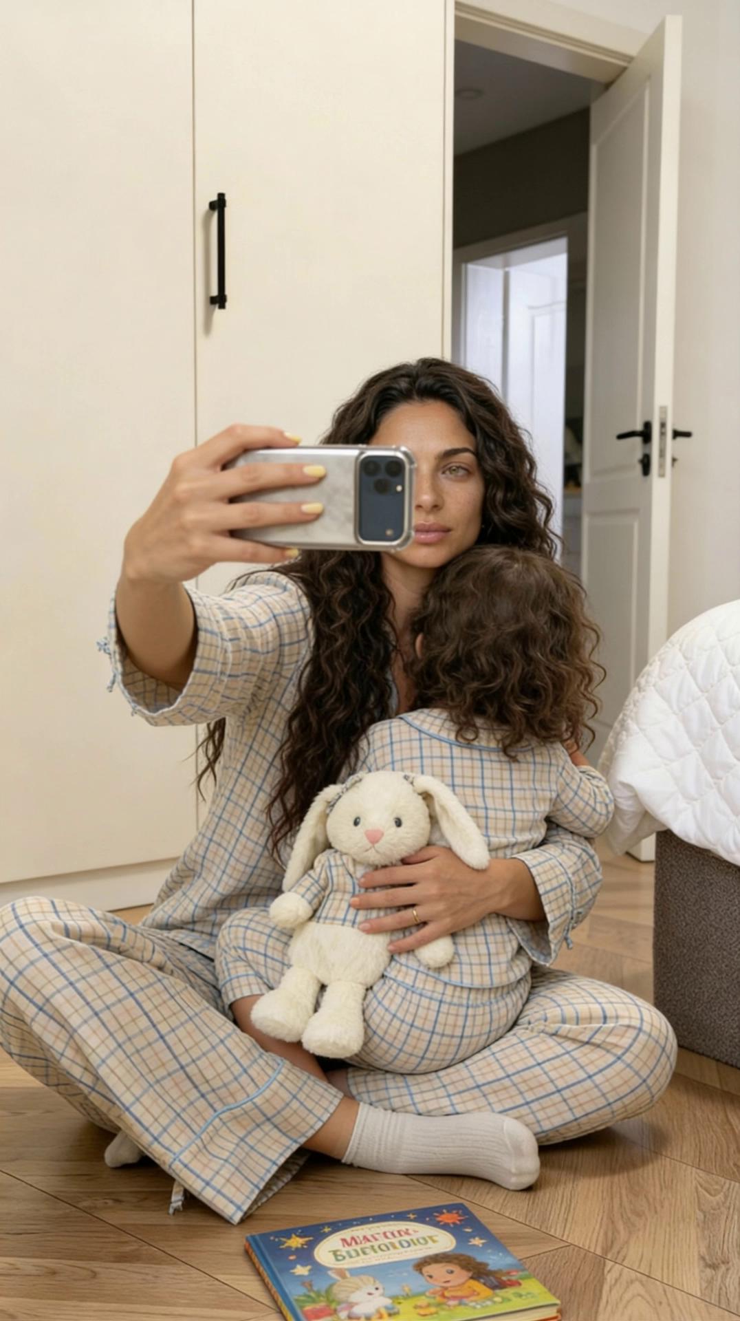 Prompt: That mother is affectionate with her daughter. She is holding her caressingly her hair slowly giving her gentle kisses on her head 