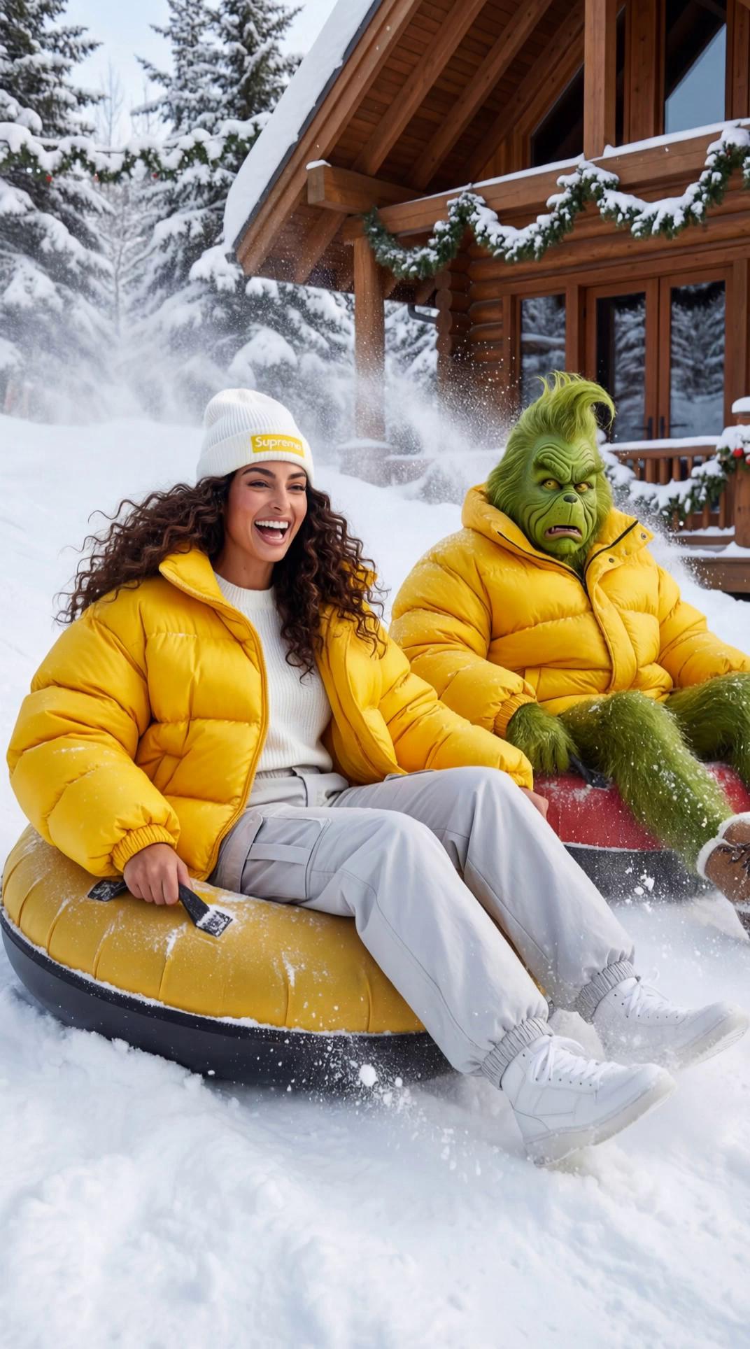 Prompt: that woman and grinch are tubing. She’s having fun and he is super scared. They go fast down the hill and grinch falls off the tube and rolls down the hill. He is covered in snow. 