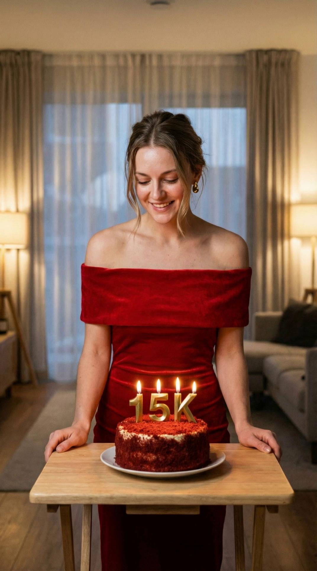Prompt: she carefully picks up the cake, she looks at the camera, laughs gently, hold the cake in front of her excitedly, then she blows out the candles, the candle flames go out, and smiles happily 