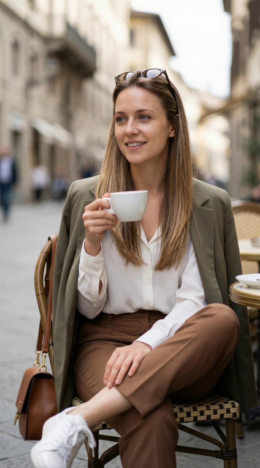 Prompt: drinking her coffee, chatting to someone off camera, laughing and enjoying hher day