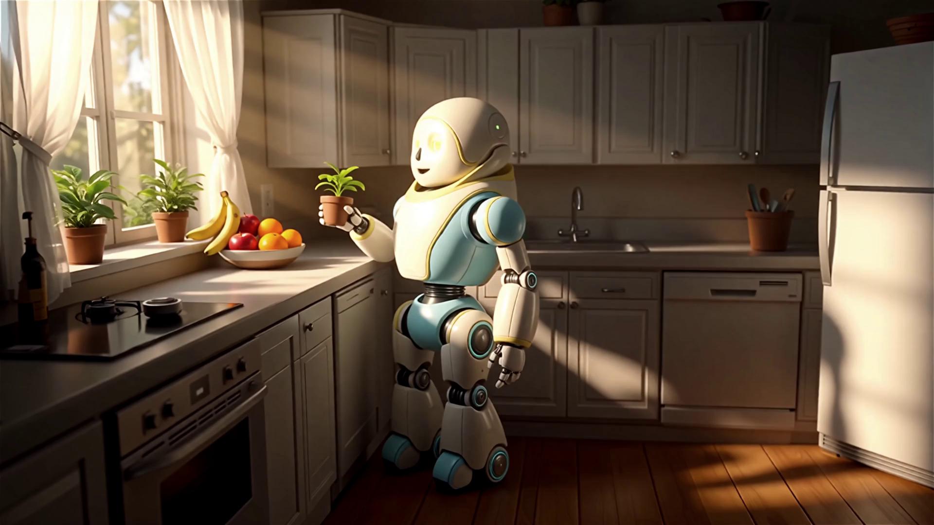 Prompt: "Generate concept art of a humanoid  robot designed to assist with household chores.  The robot should have a friendly appearance, with rounded features and a warm colour palette"