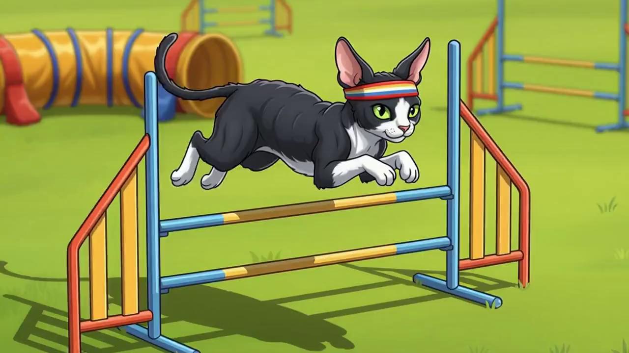 Prompt: kitten is running an agility course, jumping many jumps and going thru the tunnel on the course  with much success. the kitten is fast and sure and wins the prize.   