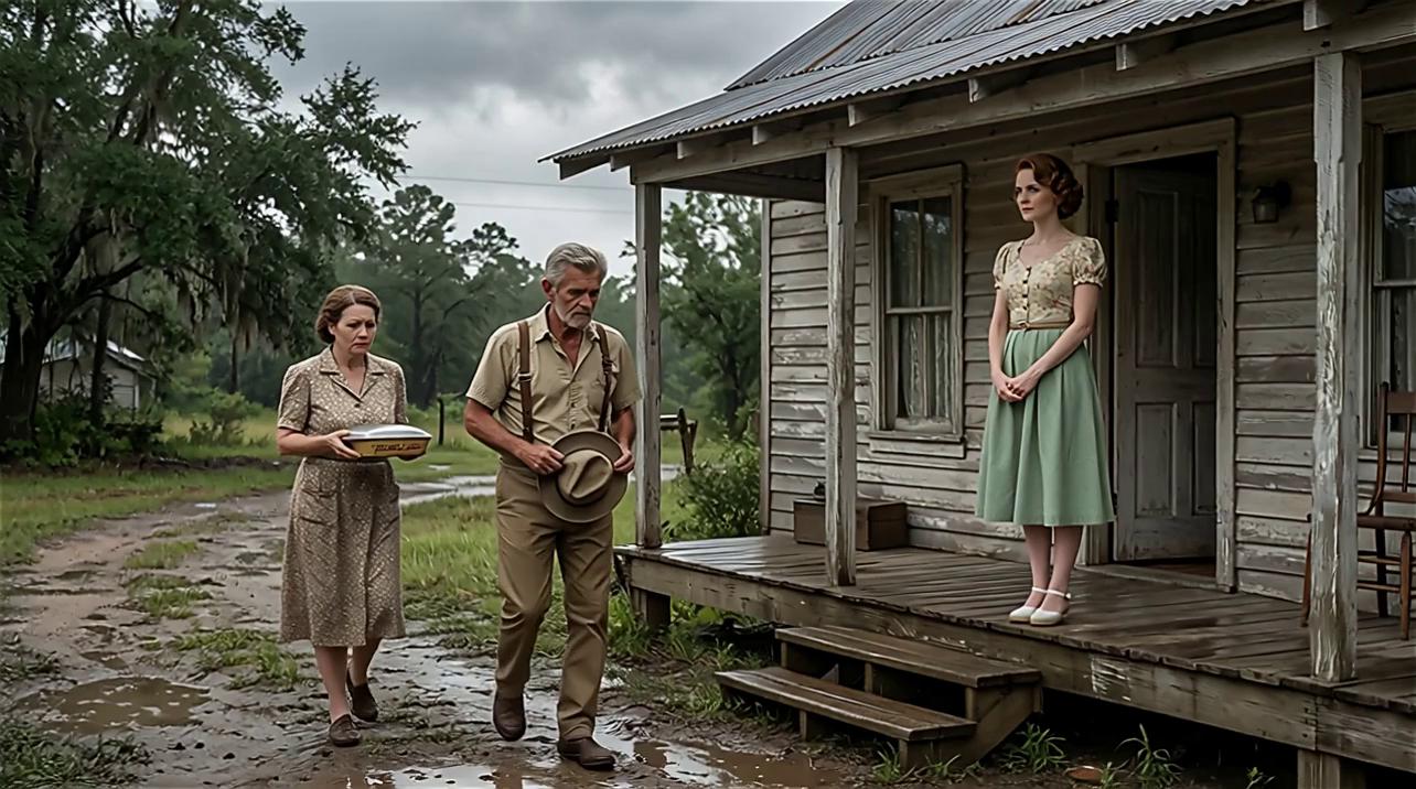 Prompt: Medium shot, neighbors approaching with somber expressions, Velma standing firm with quiet resolve, subtle wind movement, overcast stillness