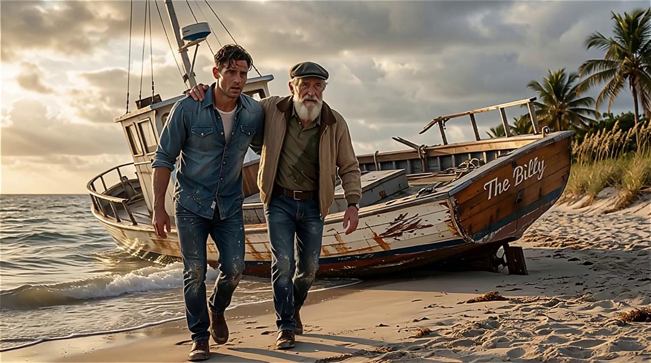 Prompt: Slow reveal pan or drone rising, exhausted crew stumbling onto beach, golden morning light breaking through clouds, waves gently lapping shore, relief and survival