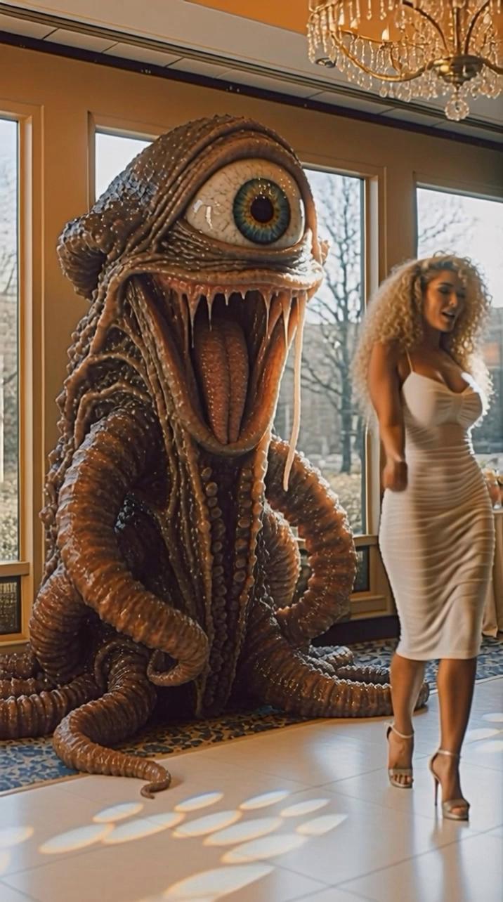 Prompt: The woman turns toward and dances  to  the creature. The creature watches the woman and looks her up and down, its mouth salivating.