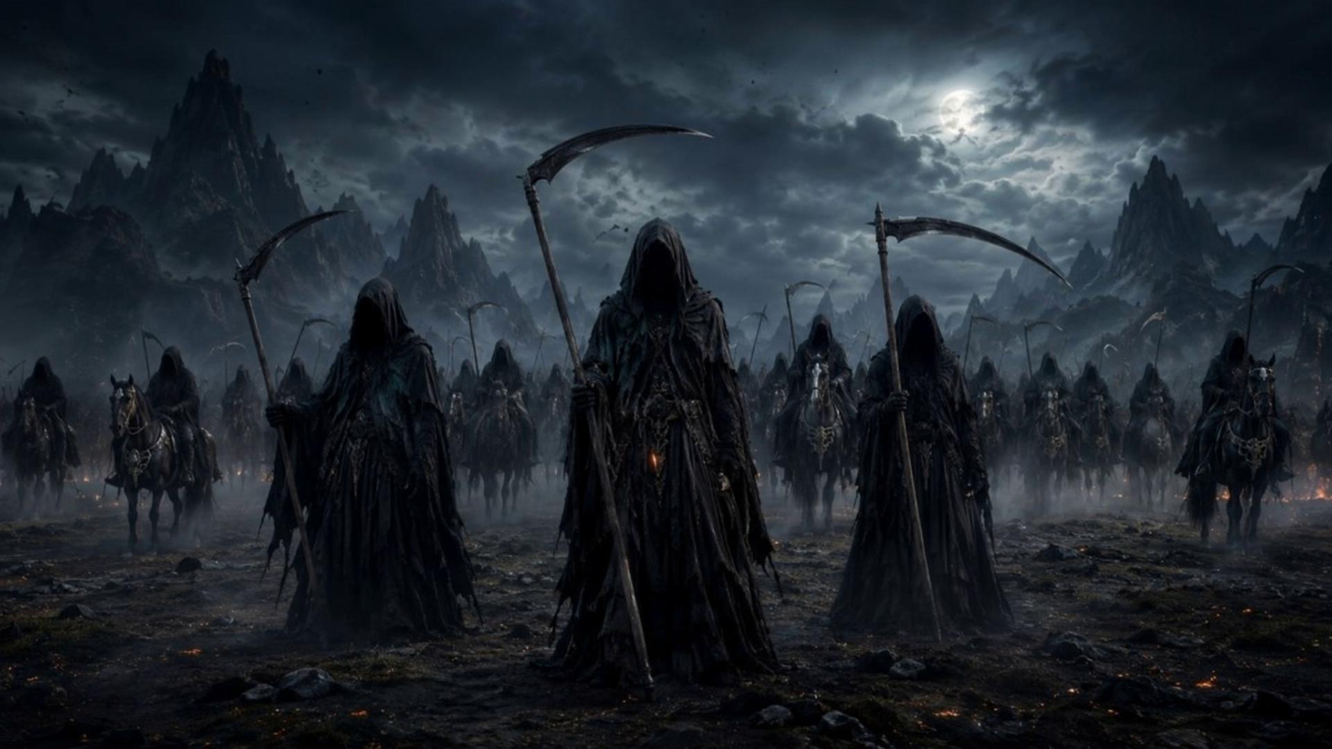 Prompt: Animate into a dark, cinematic 16:9 scene. Keep all horses and mounted riders strictly in the background—no horse may enter the foreground.The mounted Reaper army stops and waits for orders while three commanding Reapers on foot slowly approach the escapee. Before they reach him, an intense flash appears. Every Reaper instantly glows fire red and disintegrates into swirling black ash and collapses to the ground. The horses, completely unharmed and calm, turn and run to the hills.. Wind carries the ash through the eerie fog. Preserve the original composition and character designs. No horses falling, exploding, or entering the foreground. No gore, fireballs, camera cuts, or distorted anatomy. When the last reaper in the foreground falls, all of the reapers on horseback should fall too.  