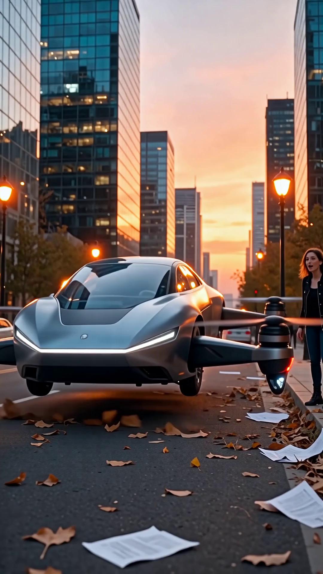 Prompt: A next-generation flying car slowly lifting off from a city street, rotors stabilizing the vehicle with realistic air turbulence and smooth vertical ascent.