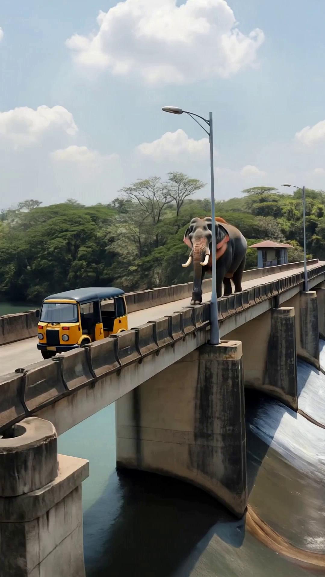 Prompt: Angry Elephant  walks FROM THE OTHERSIDE OF the bridge of dam  @image-1767308514011-2  and crushes an auto rickshaw parked on the side of the bridge.