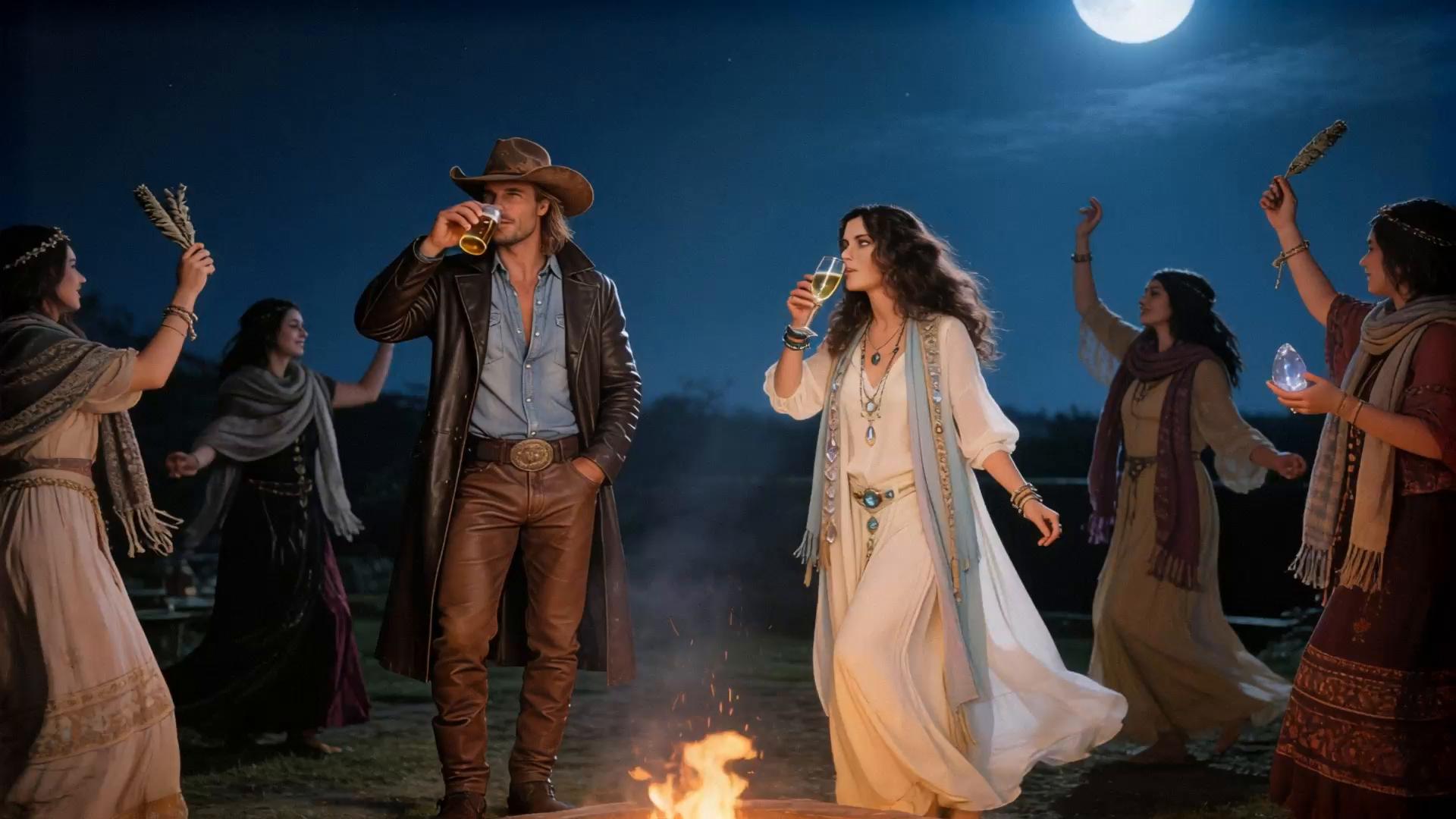 Prompt: @Bob and @Susan  are sitting on a bench under a tree together, laughing, flirting, and slightly tipsy as they watch Susan's girl friends, in the distance dancing around  the fire pit  with their sage and crystals, celebrating under the full moon Bob is drinking his beer,  and Susan drinking her champagne,  NO SOUND just the film of the party.