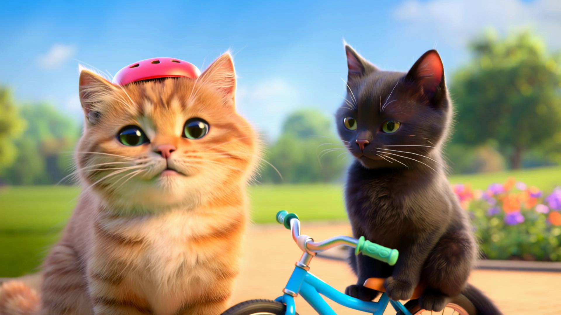 Prompt: Two cats ride bicycles, and one doesn't like the black cat and won't take it on the bicycle. the cat have cute caring big eyes and soft fluppy hair ,bright colors enhanching color combination