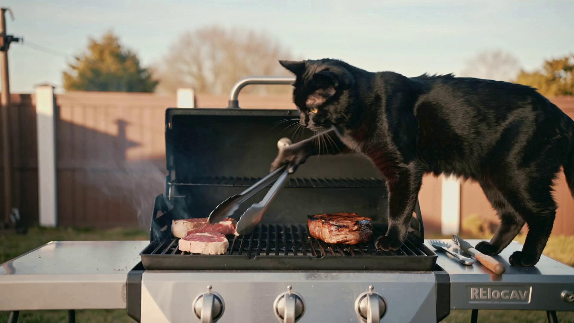 Prompt: Black cat patiently grilling steaks on a Weber bbq grill to a perfect medium rare