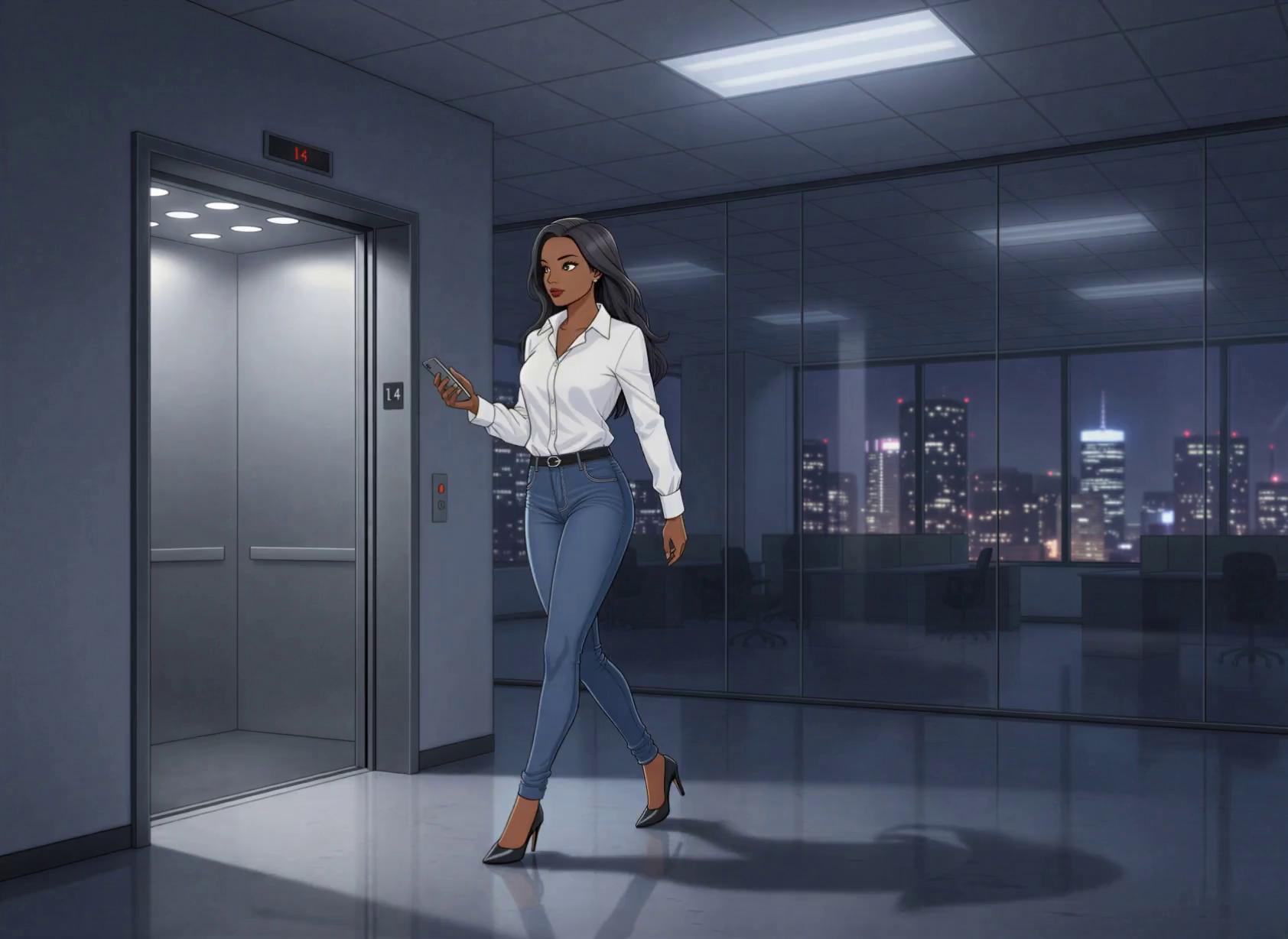 Prompt: Amara rides the elevator alone to get to the 14th floor 