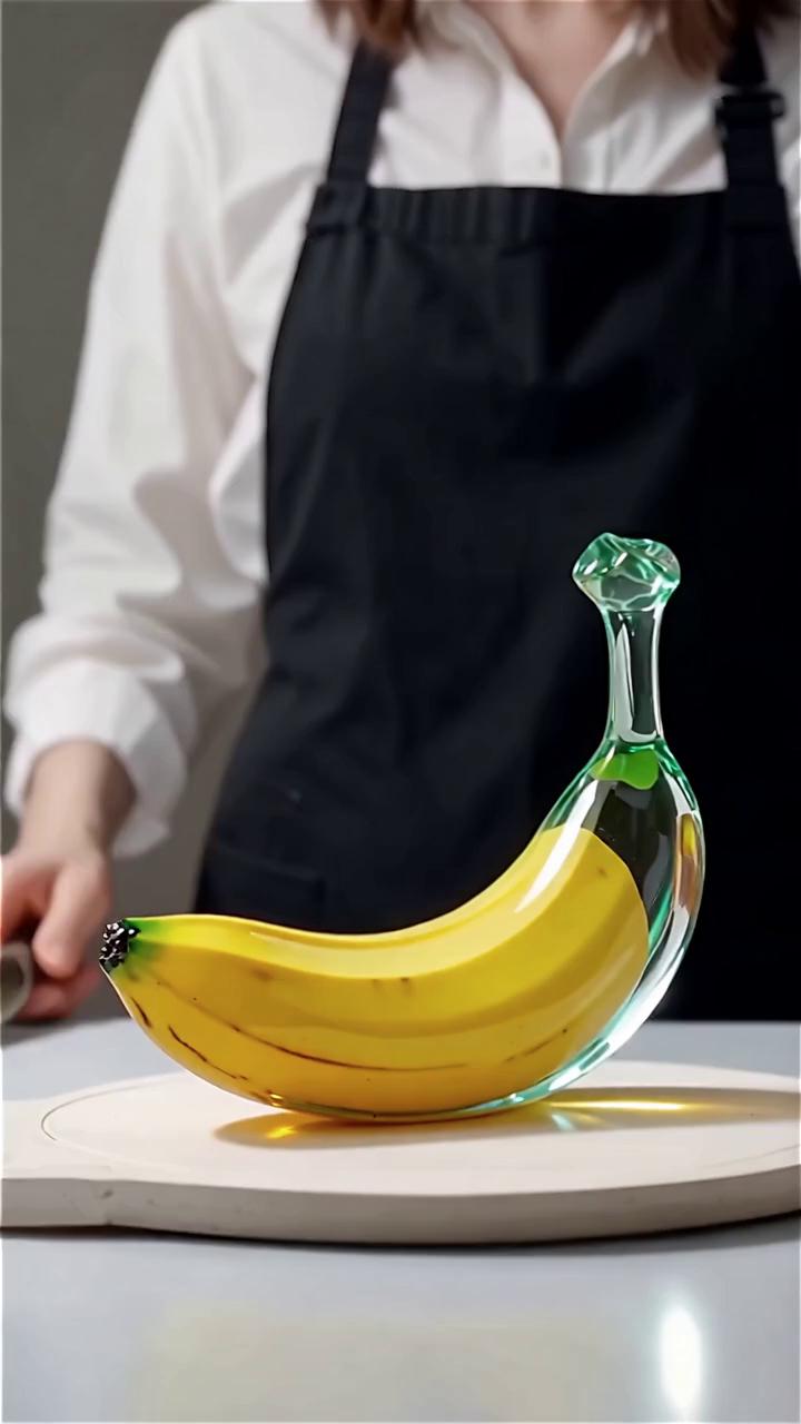 Prompt: Create a video of a lady cutting a banana made of glass.

