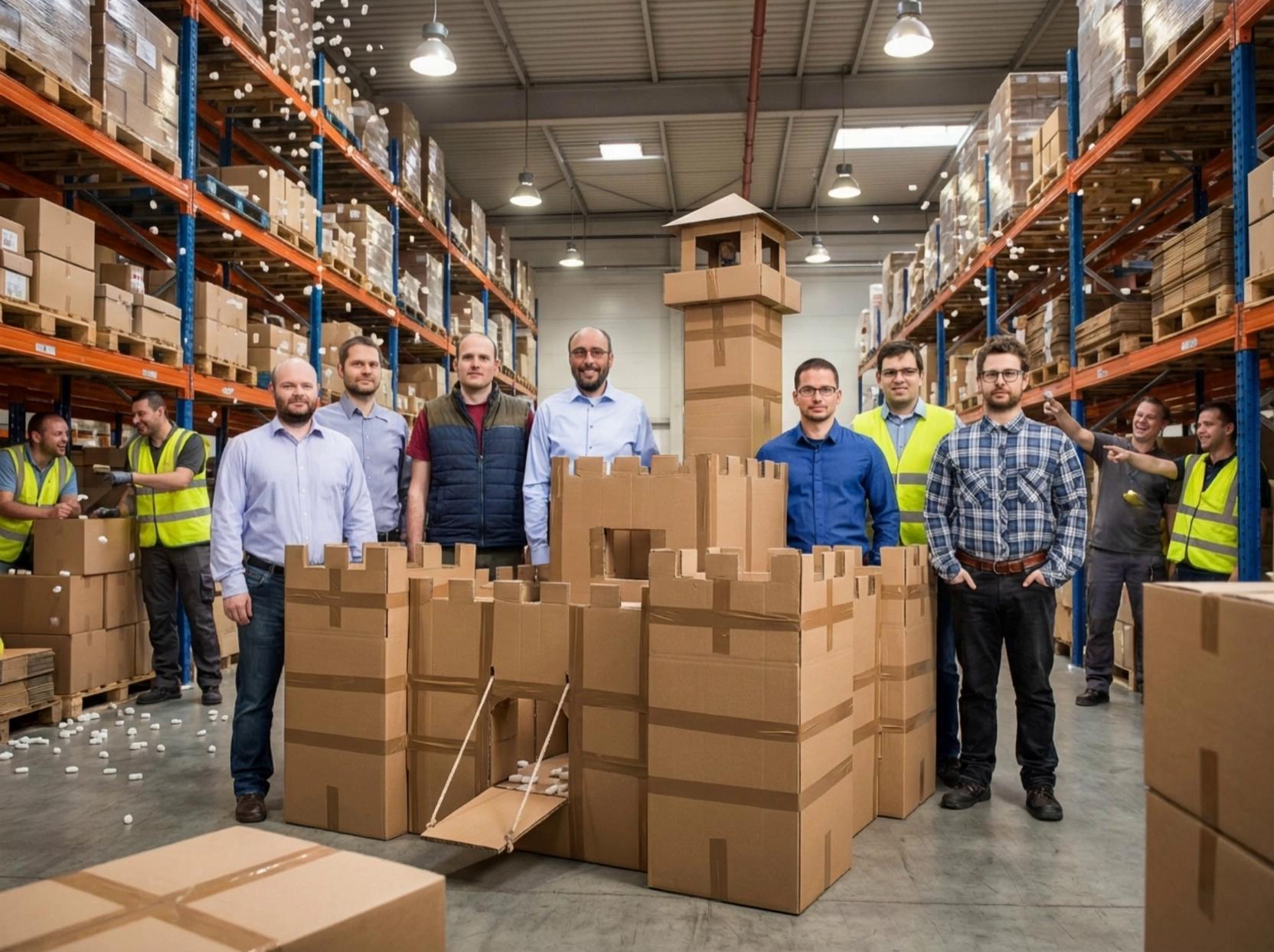 Prompt: the seven men in the front by the cardboard castle will walk towards the camera until they are behind the camera. while walking two of the men will come together to complete a heart shaped sign using one of each of their hands. the "peanuts" used to pack boxes will snow throughout the scene. the men in the background on both sides of the image will continue to converse and laugh 