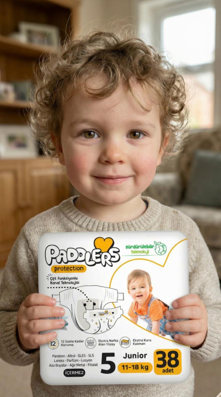 Prompt: Ultra-realistic 5-second video of the exact same toddler from the reference image,
face identity 100% locked — facial structure, eyes, eye color, nose, lips, cheeks, freckles, skin tone, and all micro facial details remain completely unchanged,
hair shape, curl pattern, hair color and density exactly identical, no deformation, no reshaping, no smoothing,

The child is happily and proudly holding the same diaper package and gently bringing it forward toward the person in front of them, as if showing it with satisfaction,
facial expression remains warm, sincere, innocent and natural, a soft genuine smile, not posed, not exaggerated,

Movements are slow, organic and age-appropriate, true toddler motor skills, slightly uncoordinated but natural,
correct child movement speed, no robotic motion, no cinematic exaggeration,

Skin texture is real child skin — visible natural pores, soft redness on cheeks, subtle imperfections, natural translucency,
absolutely no plastic, waxy, porcelain or artificial skin,

Lighting is real natural sunlight, soft daylight coming from a window, warm and diffused,
realistic light falloff, natural shadows, no studio lighting, no artificial glow,

Camera is handheld but stable, eye-level with the child, shallow depth of field,
background remains a real home interior, softly blurred, authentic family atmosphere,

Emotion: cozy, trustworthy, heartwarming, genuine childhood moment,

AI artifacts forbidden — no face morphing, no facial drift, no eye warping, no jitter, no texture melting, no uncanny motion,
Must look 100% real, indistinguishable from a real camera video,
ultra high realism, documentary-level authenticity, natural color grading, true-to-life tones.