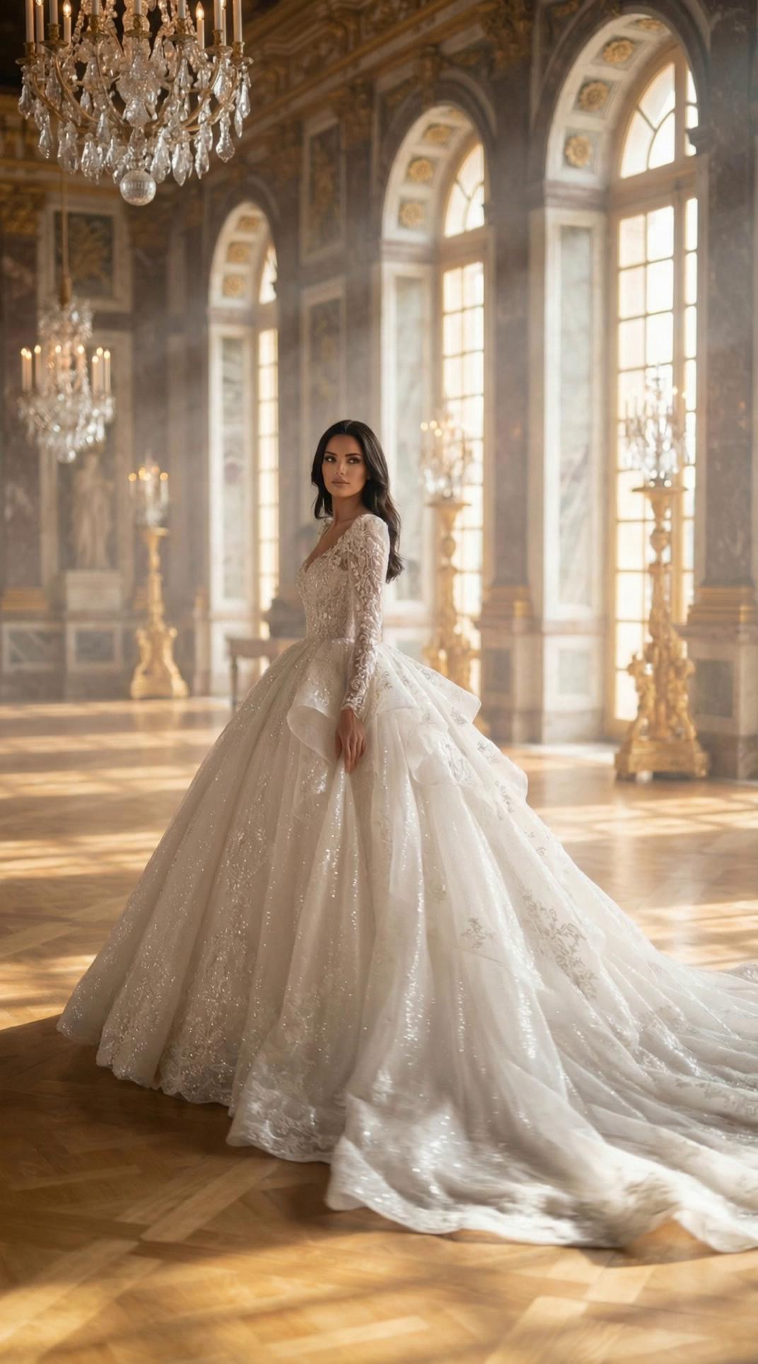 Prompt: Ultra-realistic cinematic video of an elegant bride descending the grand marble stairs of Çırağan Palace during winter.She walks with a professional model-style runway walk, slow, confident, and perfectly controlled.Her right hand rests gently on her waist, fingers relaxed and natural.Her left arm hangs straight down beside her body, relaxed and still, with no swinging or exaggerated movement.Arm movement is minimal, refined, and poised — classic high-fashion bridal walk.Her posture is tall and elegant, shoulders relaxed, spine straight, chin slightly lifted.Each step is measured and smooth, never fast, never rushed.She wears a luxurious white wedding gown with a voluminous flowing skirt and delicate shimmering embroidery.The dress moves naturally with each step, subtle fabric motion only, no excessive fluttering.A long, elegant veil flows softly from the back of her head, extending down her back — not covering her face.Her face is fully visible with a soft, natural smile, calm and confident, no exaggerated facial expressions.Hair styled elegantly under the veil, balanced and natural.Soft natural daylight streams through the tall palace windows, creating a warm golden glow against the winter atmosphere.Cinematic camera tracking backward smoothly as she walks down the stairs.Shallow depth of field, ultra-detailed textures, realistic skin, 4K–8K cinematic quality.Timeless, royal, refined, and luxurious mood.Negative prompt:excessive arm movement, swinging arms, dancing motion, robotic movement, fast walking, exaggerated gestures, stiff body, unnatural pose, face covered by veil, distorted hands, artificial smile, low quality, cartoon style