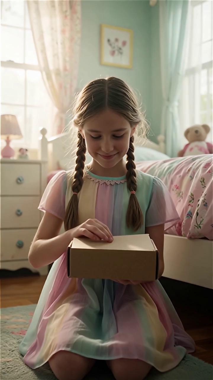 Prompt: 15-second cinematic horror short, realistic film look, soft pastel color grade turning subtly cold. Interior: cozy child’s bedroom in daylight, warm window light, gentle dust motes. An innocent 8-year-old girl with long brown hair in braids, wearing a pastel dress, kneels on the floor and opens a small cardboard package. Inside: a Victorian-era porcelain doll (18 inches) in tissue paper.
Shot 1 (0–4s): Medium shot, slow push-in as she opens the box, curious smile, gentle paper crinkle.
Shot 2 (4–8s): Close-up of doll in the box: porcelain face, glass eyes, delicate lace dress; a faint hairline crack on the cheek; shadows deepen slightly as the lid opens.
Shot 3 (8–12s): Medium shot: she lifts the doll and hugs it; room sound drops slightly, music becomes uneasy; the doll’s eyes look a touch too reflective.
Shot 4 (12–15s): Over-the-shoulder from behind the girl, focus on the doll’s face over her shoulder; the doll’s mouth curls into a small, unnatural smile and its eyes shift subtly toward camera; quick micro-zoom + faint static audio hit; hard cut to black.