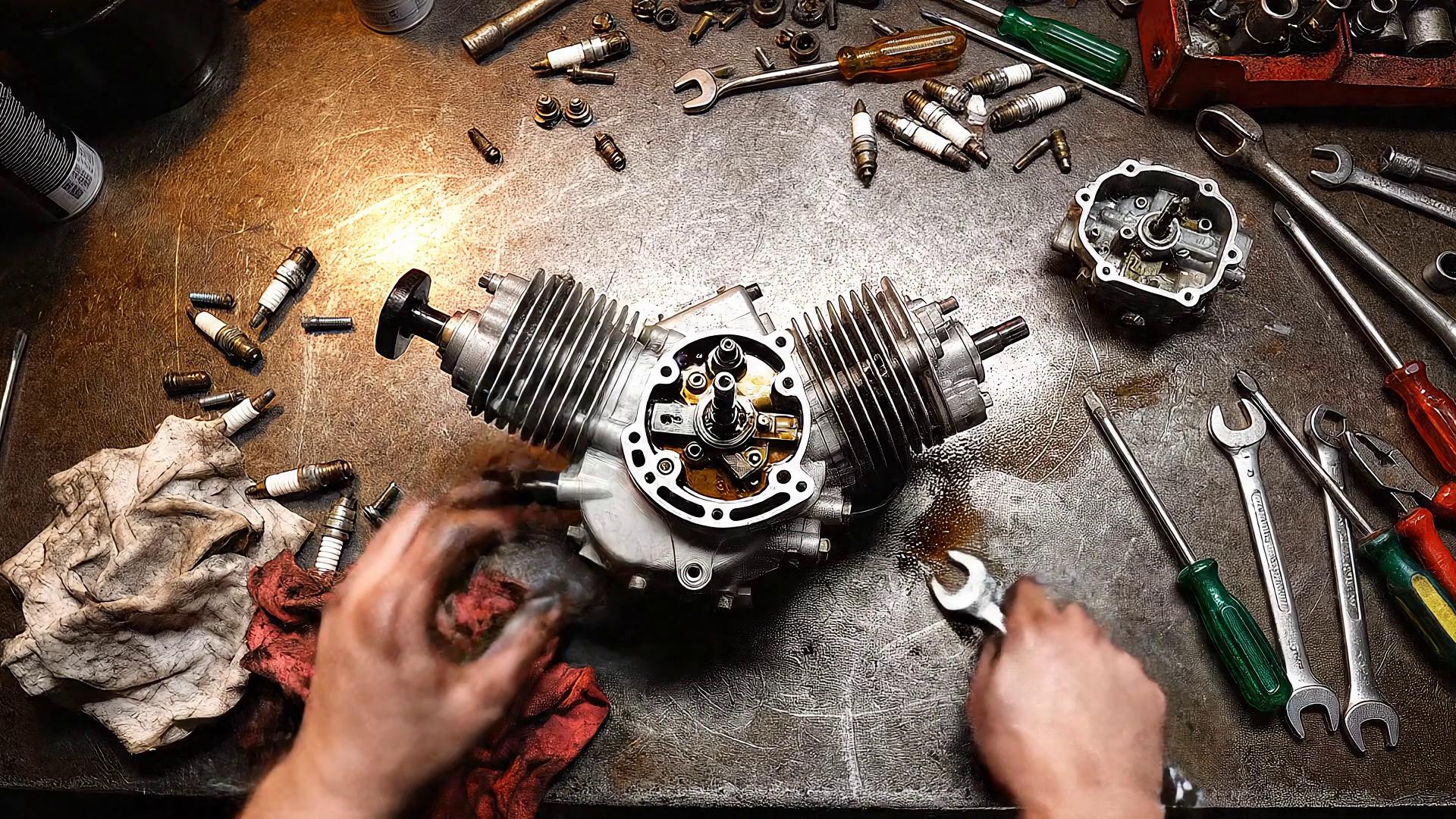 Prompt: (First person view of Mechanic working on a 2cycle engine on a metal table) (only mechanic hands are visible working on small 2 cycle engine) (viewing angle from directly above the workbench) (workbench takes up 90% of the frame) (scattered tools on tabletop) (work table is made of heavy duty steel) (give the video a dramatic, cinematic, documentary feel)