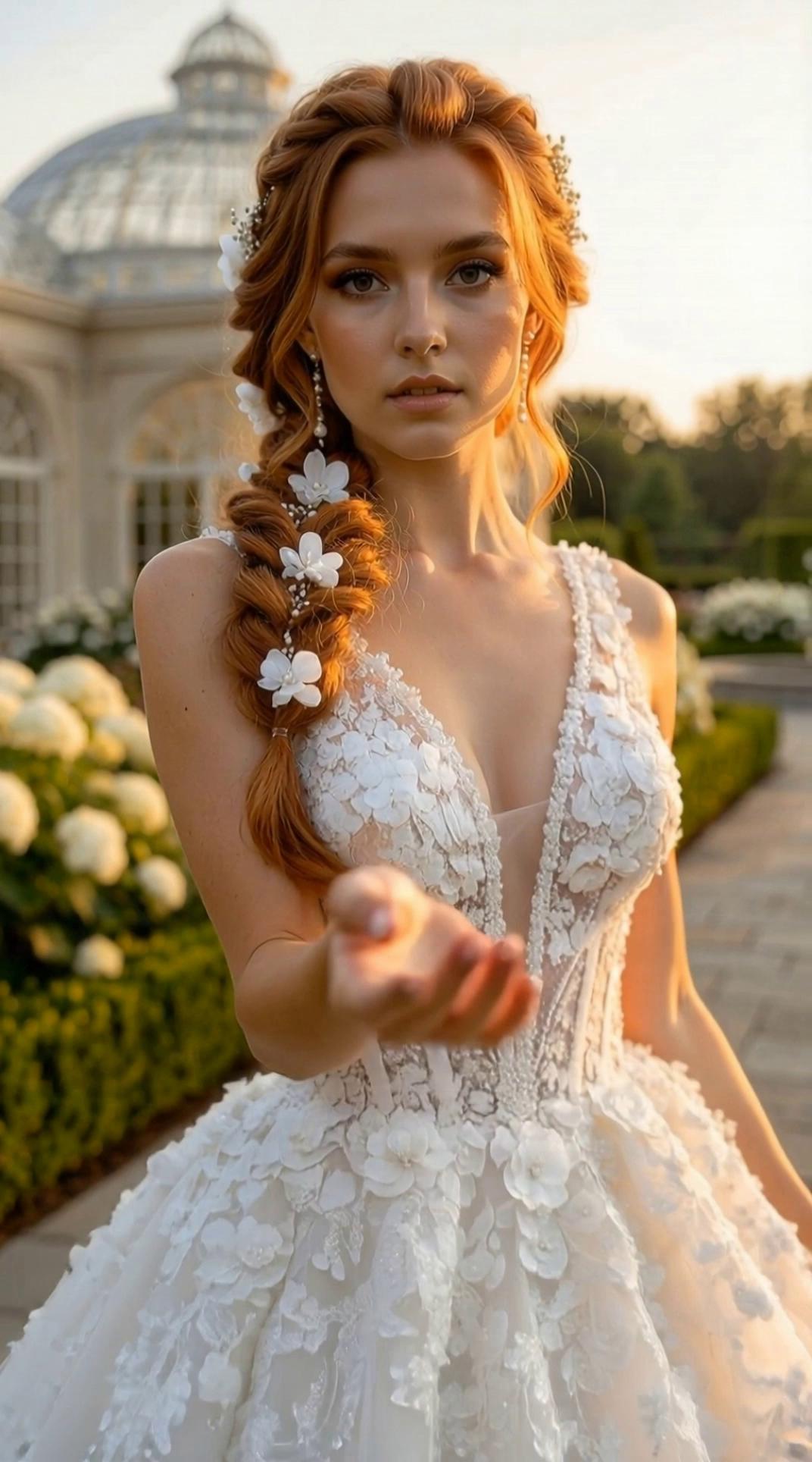 Prompt: Ultra gerçekçi, sinematik bridal video.
Önceki sahnenin doğrudan devamı olacak şekilde ilerle.

Aynı kadın karakter: açık/beyaz tenli, dengeli ve simetrik yüz hatları, sakin ama güçlü bakış. Yüz oranları, mimik, ten tonu kesinlikle değişmeyecek. Kadının saçları bakır–kızıl tonlarda, yandan kalın örgü şeklinde; örgü boyunca beyaz çiçek ve inci detaylı bridal saç aksesuarları bulunuyor. Saç yapısı ve aksesuar yerleşimi birebir korunmalı.

Kadın, derin V yakalı, transparan üst korseli, yoğun dantel ve çiçek aplikeli couture gelinlik giyiyor. Göğüs ve üst korse bölümünde aplikeler yoğun, belden aşağı doğru kademeli olarak sadeleşiyor. Etek hacimli, ağır ve akışkan. Kumaş dokusu, dantel kabartıları ve gelinliğin hareket fiziği doğal ve gerçekçi olmalı.

Mekân: Cam kubbeli klasik sera/orangerie, simetrik bahçe düzeni, çiçekler ve taş yürüyüş yolları.
Işık: Golden hour, yumuşak ve sıcak doğal gün ışığı.

Sahne başlangıcında kadın kameraya bakar. Çok hafif ve doğal bir gülümseme oluşur (abartısız, diş göstermeden). Kadın kameraya doğru uzanmış olan elini yavaşça geri çeker. Ardından sağ omzu üzerinden zarif bir şekilde arkasını döner. Dönüş sırasında saç örgüsü ve gelinlik etekleri doğal biçimde hareket eder.

Kadın, arkasını döndükten sonra biraz tempolu ama zarif bir yürüyüşle ileri doğru yürümeye başlar. Koşma yok, podyum yürüyüşü yok; kararlı, özgüvenli ve sakin bir tempo. Kamera sabit kalabilir ya da çok hafif arkadan takip edebilir. Yürüyüş sırasında gelinliğin etekleri ve saçlar fizik kurallarına uygun şekilde akışkan hareket eder.

Kadın kadrajdan yavaşça uzaklaşırken golden hour ışığı saç, gelinlik ve dantel detaylarında parlamaya devam eder. Atmosfer zarif, güçlü ve final hissi taşımalı. Ultra gerçekçi, yüksek detaylı, profesyonel editoryal kalite.
