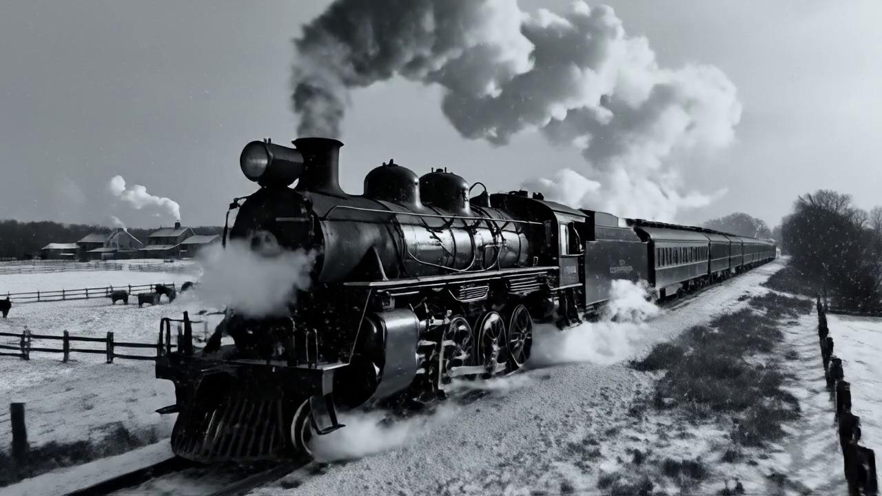 Prompt: camera: medium 3/4 front, 1900 style steam engine passenger train traveling full speed left to right across screen, large puffs of steam coming out of stack, train blows whistle loudly, sounds of train wheels going over separation in rails. 
landscape is lightly snow covered fields, light snow falling, with farm houses in the distance,  trees around farm houses, fenced in fields sections, with small groups of cattle in a few of the sections.  smoke rising out of chimneys of farmhouses.
Train sounds start loudly and grow fainter as train passes camera.
Camera slowly moves to birds eye view as train moves off into the distance. coloring black and white . robust full sound.