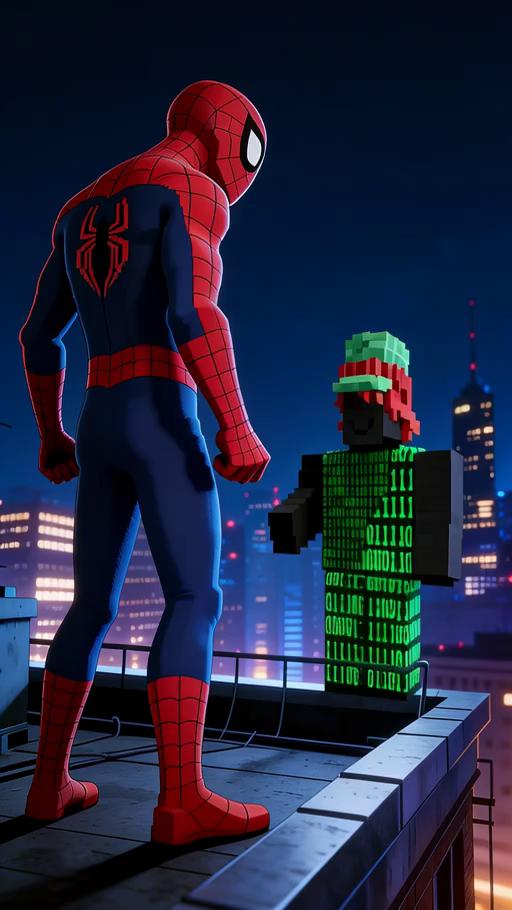 Prompt: create an animation of spiderman and the hacker preparing to fight each other make it super tense and epic make sure the format is 9:16 vertical