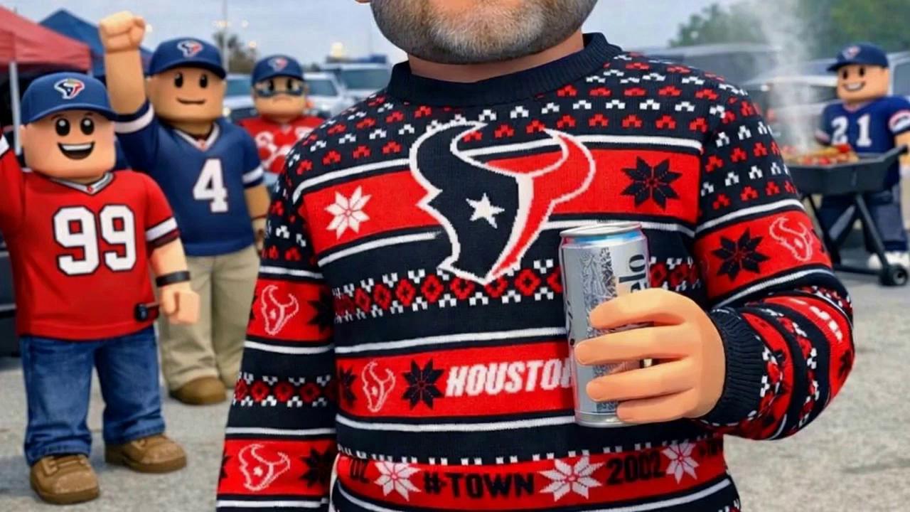 Prompt: The roblox guy is walking around the tailgating scene with the Houston Texans fans in the background.  He is laughing and having fun with the other fans. He says "let's go texans"