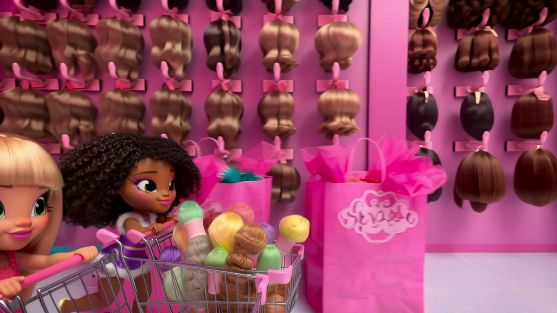 Prompt: Cute cartoon-style Bratz-inspired animation. Two dolls shopping inside a bright pink store. One doll has straight blonde hair, the other has black curly hair.

The store is filled with wigs and hair bundles hanging on the walls and on display. The dolls push a shopping cart full of hair bundles.

Pink gift bags labeled “iyxacollection” in a Bratz-style logo are around the store, with wigs and bundles sticking out.

Fun, colorful, girly vibe, exaggerated doll features, glossy cartoon look, playful movement.
