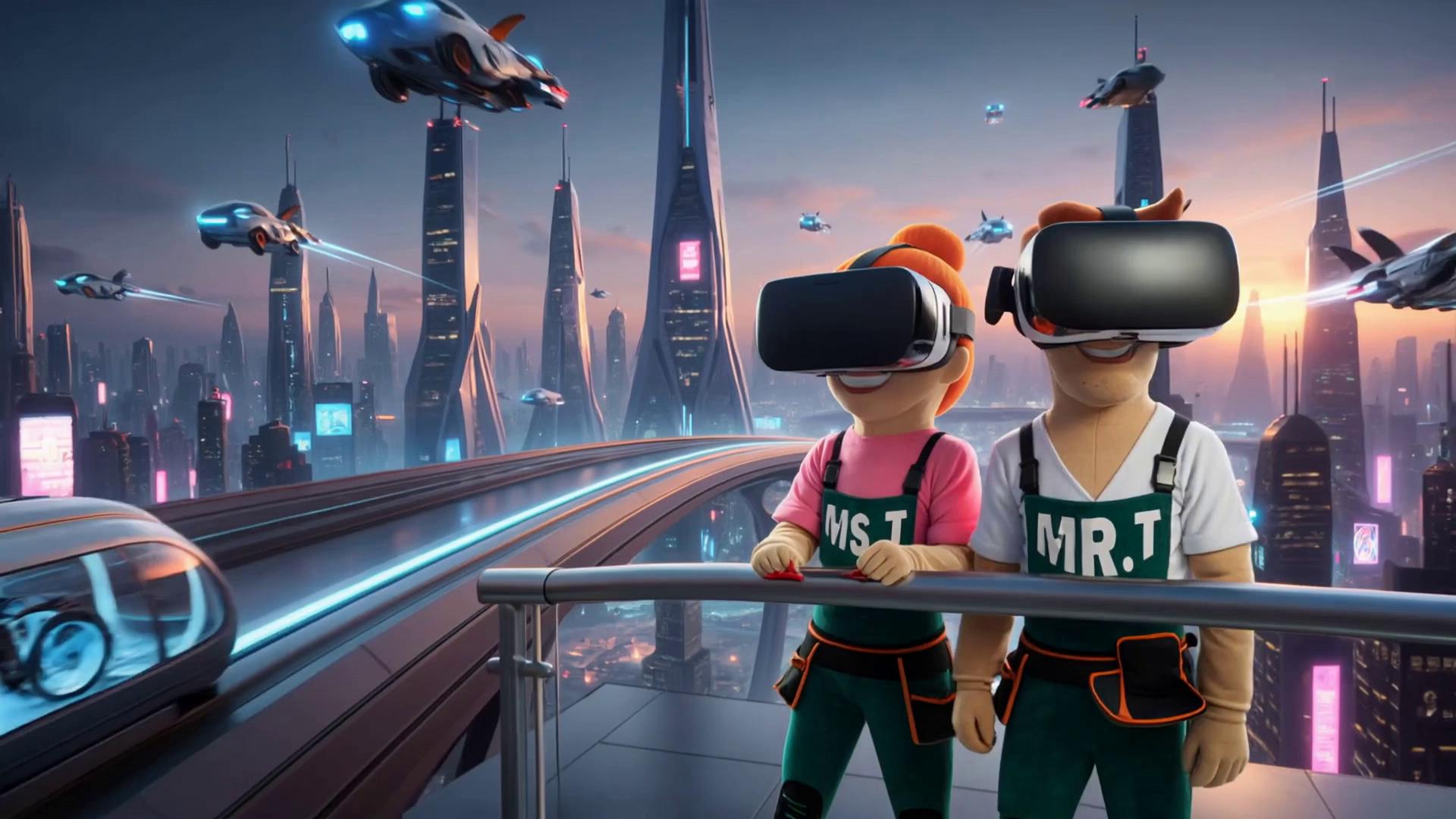 Prompt: Ms and mr T (image 1) are watching with their vr glasses (image 2) with an futuristic fantasy skyline in the background. A futuristic train (image 3) is passing by. Wide shot, atmospheric, cinematic quality