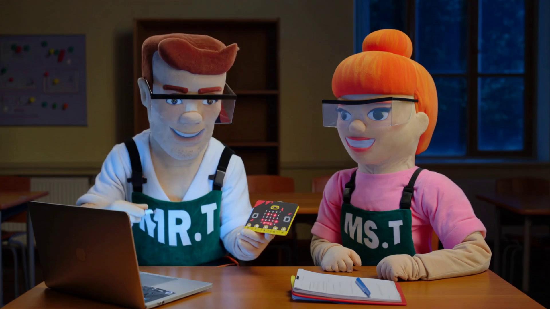 Prompt: Mr and Ms T (characters image 1) are sitting in an classroom, trying to put an usb cable in the micro:bit (image 2) to attach it to their pc, it doesnt fit. Ms T is loughing at mr T and put her hands at her face. Medium shot, Atmospheric, cinematic quality