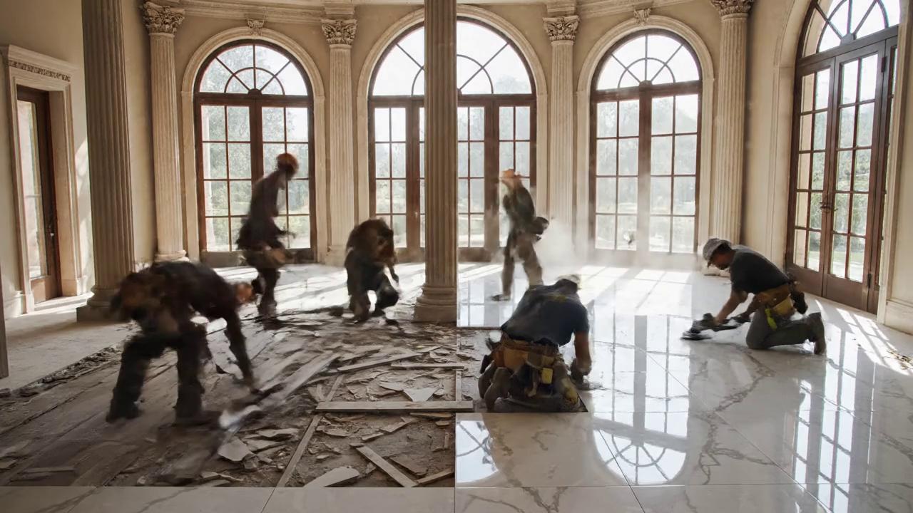 Prompt: A vertical 9:16 cinematic time-lapse of a massive luxury mansion interior undergoing a high-end floor transformation.
The scene opens inside a grand open-plan hall with soaring ceilings, tall columns, arched windows, and natural sunlight pouring in.
The existing floor is old and worn.
Multiple professional construction workers and craftsmen move rapidly in time-lapse, removing the old flooring, leveling the surface, measuring, cutting, and precisely installing premium Italian marble tiles.
The marble is white Calacatta or Carrara with elegant gray veining, laid in perfect alignment across the vast space.
Workers use authentic tools, kneeling, carrying slabs, polishing, and cleaning as the floor gradually transforms.
Dust fades away and the space becomes pristine and luxurious.
The final seconds reveal a flawless, polished Italian marble floor reflecting light, emphasizing scale, symmetry, and extreme luxury.
Ultra-realistic, cinematic lighting, smooth time-lapse motion, high-end architectural detail, professional craftsmanship, 4K quality.