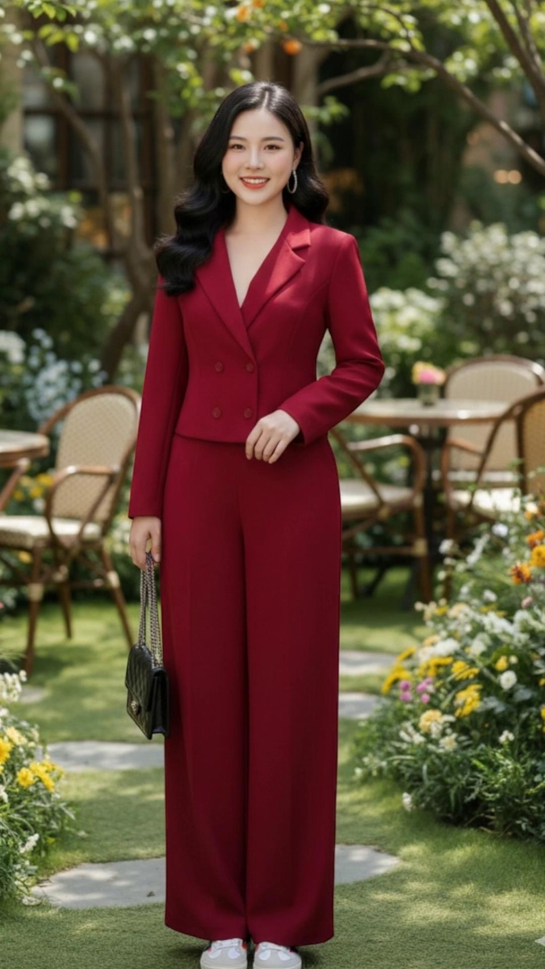 Prompt: A young woman stands in a bright, elegant setting, holding a handbag gracefully in one hand. She takes a gentle step forward while her free hand softly glides along the dress to highlight its texture. She then tilts her body slightly and adjusts a part of the dress to showcase the design lines, still holding the bag naturally. Next, she makes a light half-turn, allowing the dress to flow smoothly, and finishes with a refined smile as if presenting the product. Smooth movements, soft lighting, high-end fashion commercial vibe, around 5 seconds.”Tạo dáng xoay nghiên