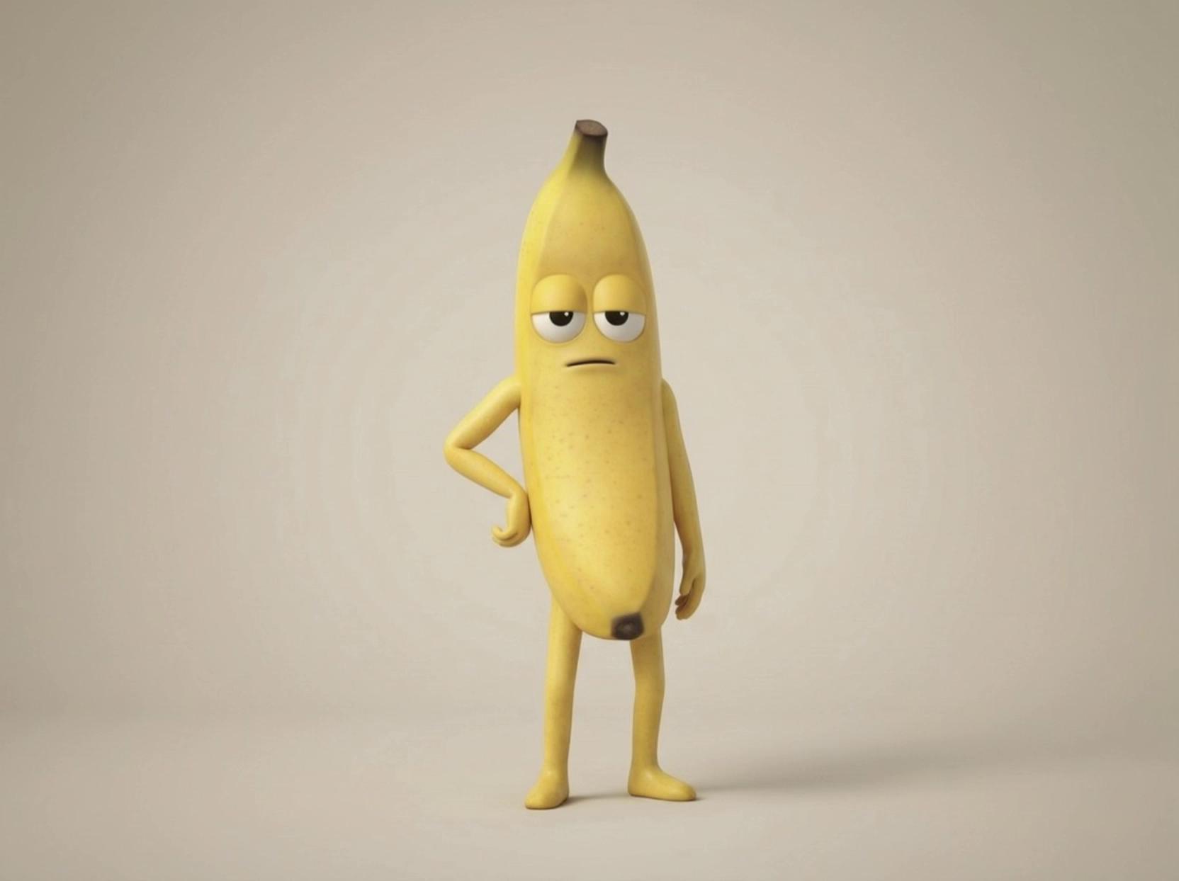 Prompt: Create a 10-second vertical (9:16) 3D animated video using the provided reference image.Keep the exact same character design, materials, lighting, and background.Style: smooth matte plaster / clay render look, soft studio lighting, clean minimalist background, no gloss, no shine, no wet look.Maintain identical framing and character scale throughout. No morphing or design changes.Camera is locked off and perfectly still (no zoom, no shake, no pan).Deadpan Banana stays planted in the exact same position for the entire video.No walking, no repositioning, no body sway.Add one prop: a matte clay smartphone in his right hand, screen facing him.Animation timing (10 seconds):0.0–2.0s: banana stares at the camera completely still2.0–2.7s: one slow blink2.7–6.2s: banana speaks the joke with mouth movement and minimal facial expression6.2–7.2s: banana sharply looks down at the phone like he just realised what he sent7.2–8.2s: banana throws the phone off-screen like it’s a grenade thats about to blow (fast toss motion, but feet stay planted)8.2–10.0s: banana freezes in panic, eyes shifting left and right scanning the room repeatedly, ready for consequencesJoke (exact line):“When you send that drunk text... then read it the next morning.”Avoid: cartoon look, exaggerated acting, jitter, flicker, face warping, head bobbing, lighting changes, camera movement, subtitles, text, logos, watermarks.@voice-1768515597889