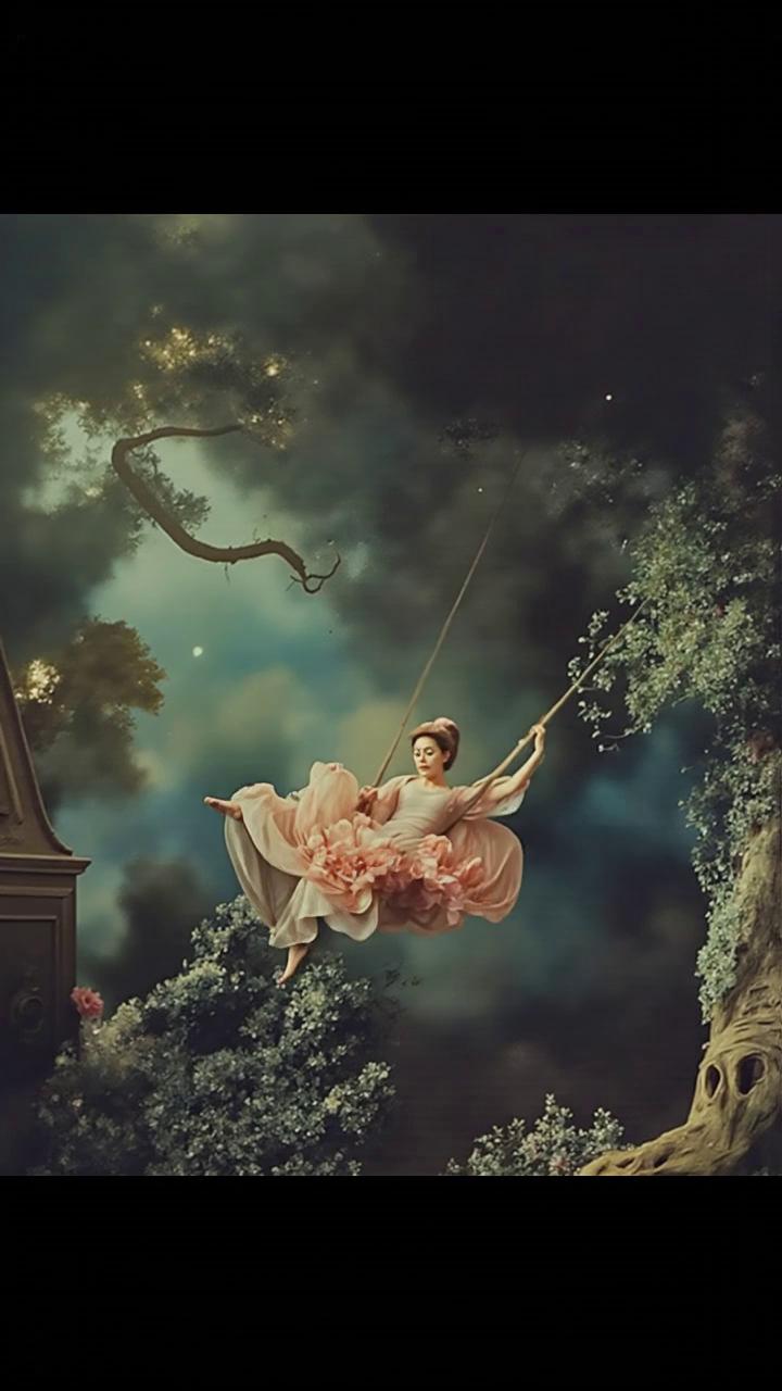 Prompt: Woman swings right and left, her dress flowing in the wind. 