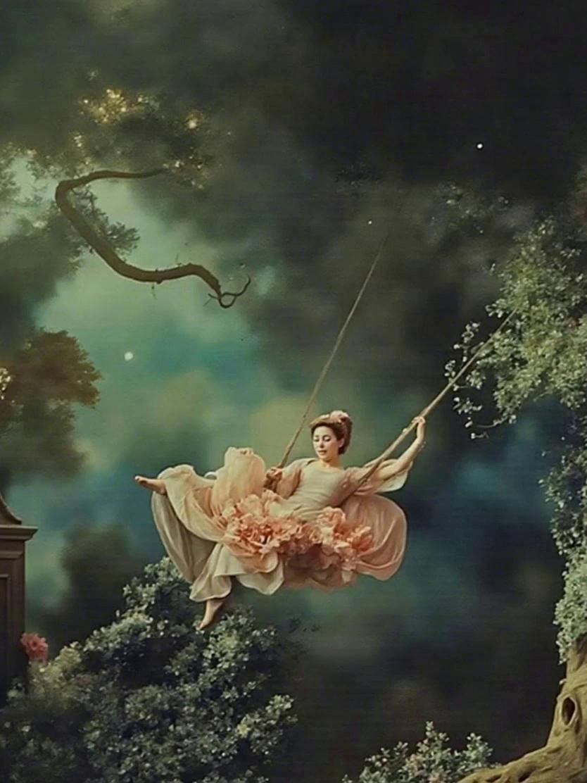 Prompt: Woman swings back and forth, her dress flowing in the wind. 