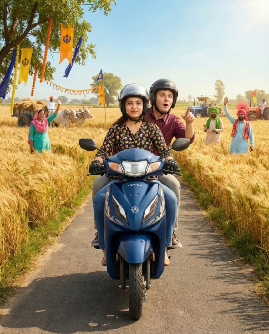 Prompt: vertical cinematic shot of  confidently riding a with helmet and gloves on, absolutely steady and straight. nothing is wobbly. is sitting behind her wearing a helmet, looking around amazed, Punjabi countryside road with golden wheat fields on both sides, bright blue sky, wind moving the wheat dramatically, people dancing, vibrant Baisakhi season colours, joyful youthful energy, ultra realistic advertising photography. The Honda Activa scooter must remain identical to the reference product images — same decals, branding, colors, wheels, seat, and design. No redesign or modification.