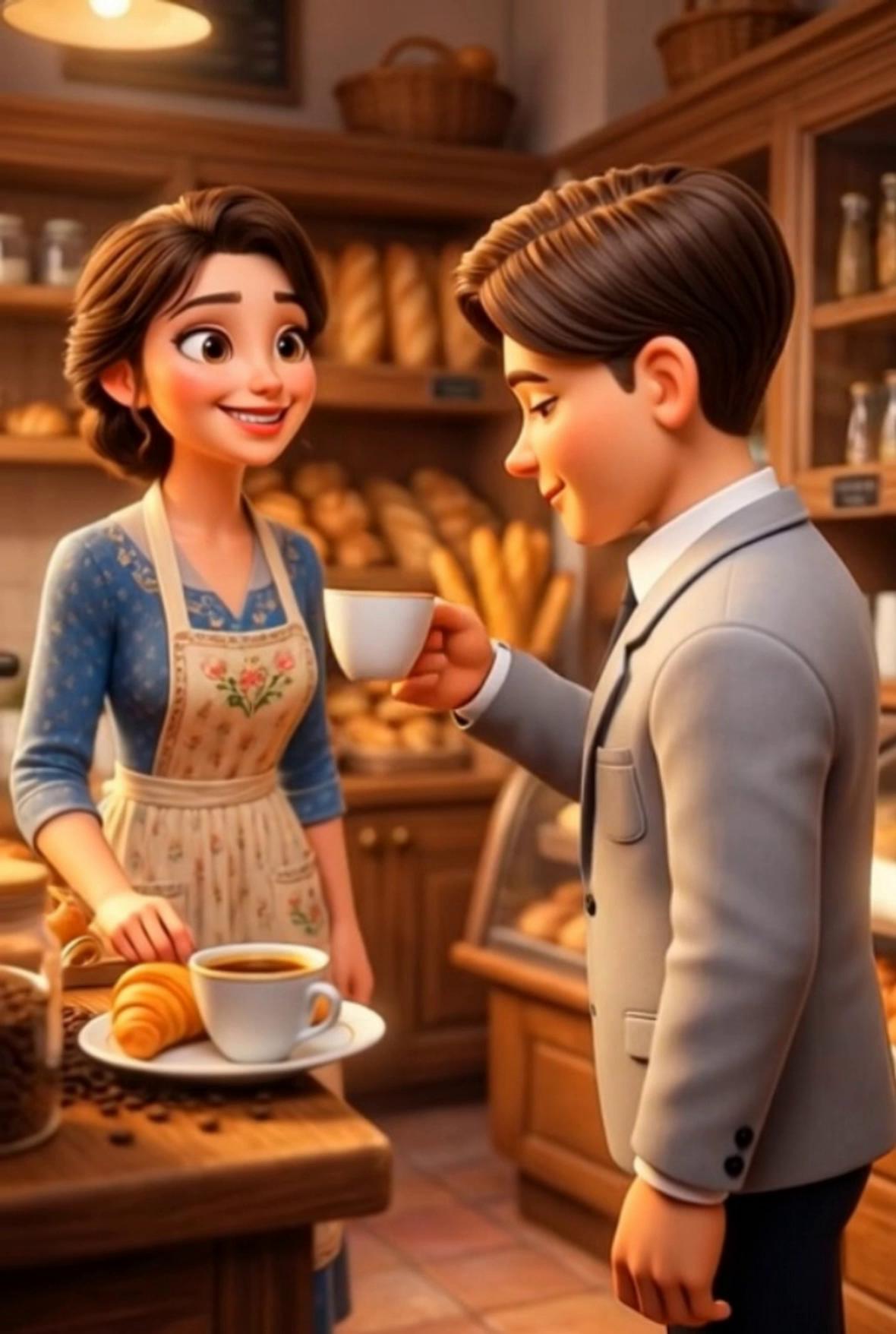 Prompt: Disney Pixar style 3D animation, A scene from inside a french bakery and coffee shop Cinematic lighting, 8k resolution. The character in the frame named Sophia is talking to a male customer. Then Sophia picks up a pot of coffee and slowly moves inside the bakery and coffee shop. The camera follows as Sophia moves to a table full of customers and starts pouring coffee in their cups while telling stories in an excited manner. 