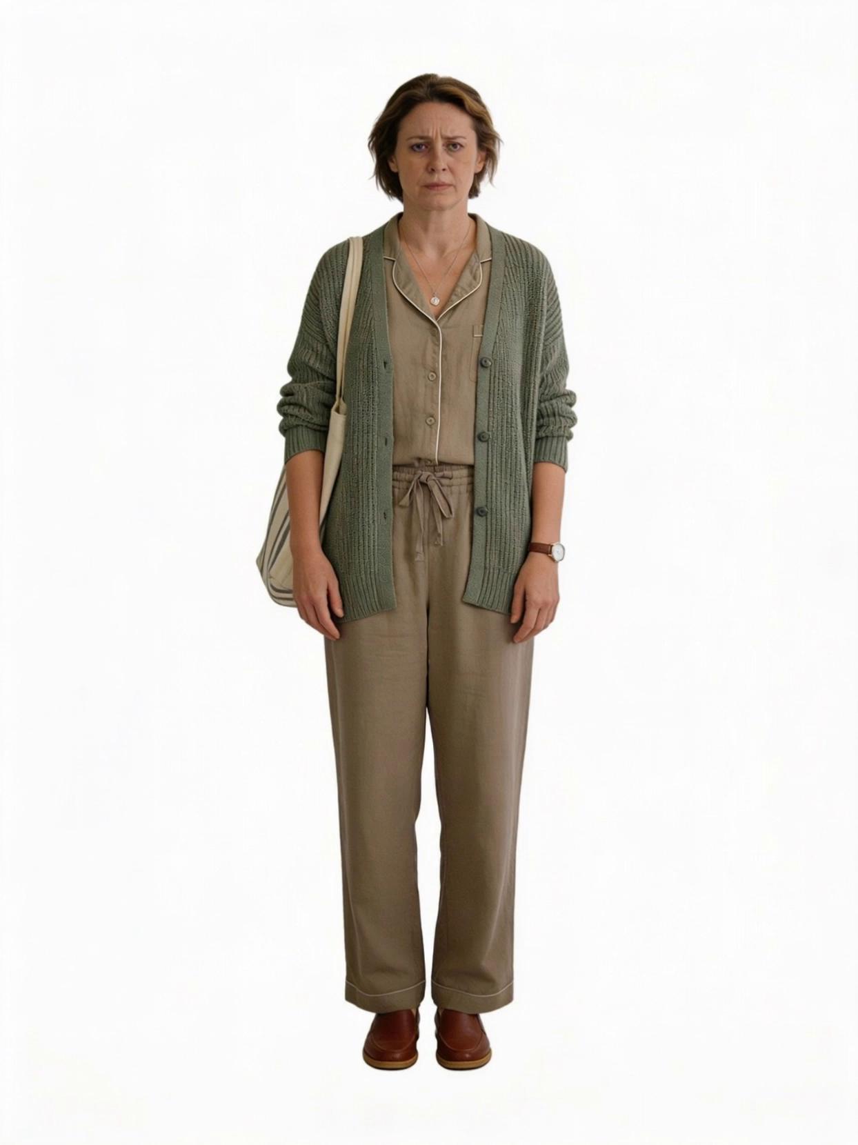 Prompt: remove the white background in the start frame.
Action: The woman takes one step, then abruptly pauses and leans her hip and forearm against an endcap like she’s browsing for support. She clearly shows pain: shoulders tense, jaw tight, eyebrows pinch, and she lets out a small visible grimace. While leaning, she reaches down and firmly grips the back of her heel/ankle area for about one second, as if trying to stop the pain.