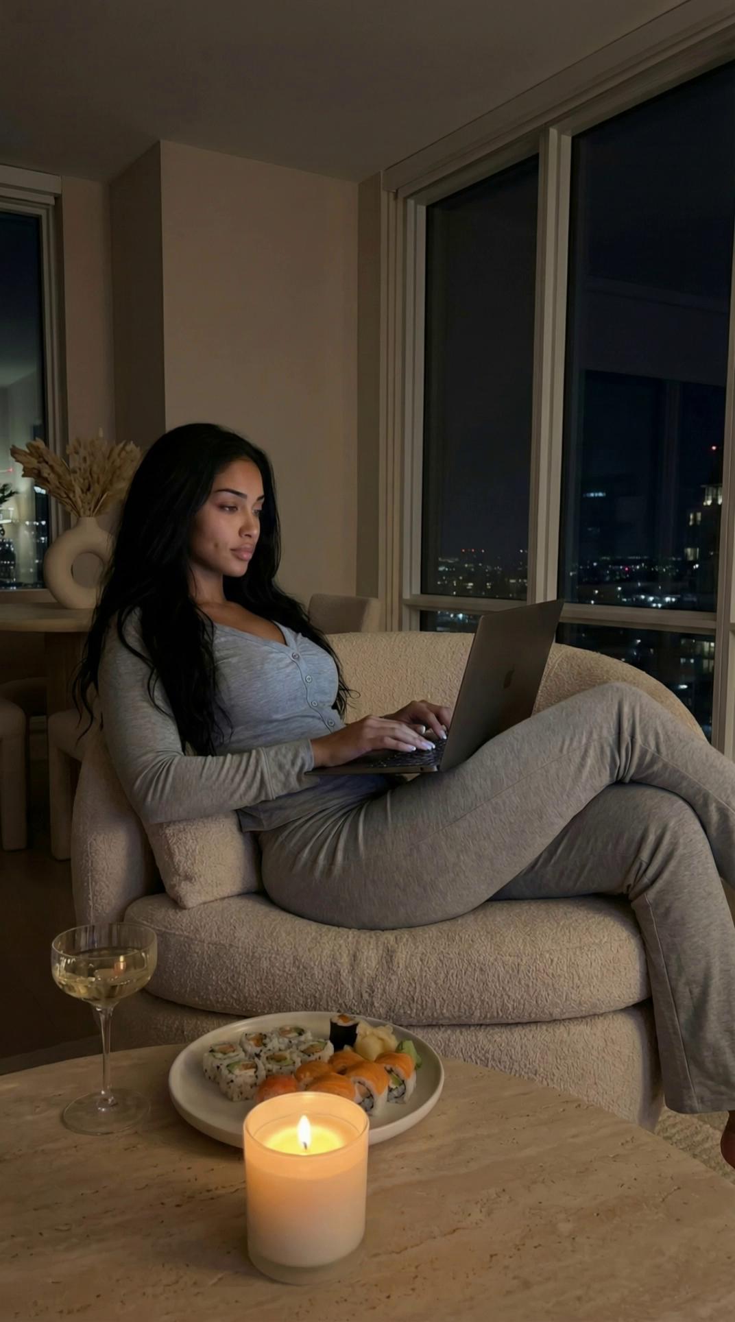 Prompt: i want that she is working on her laptop, focused and confident, typing naturally on the keyboard in full girl boss mode.negative prompt i d'ont want: deformed hands, extra fingers, extra limbs, distorted proportions, blurry, low quality, uncanny, robotic movements, frozen face, unnatural anatomy, visual artifacts