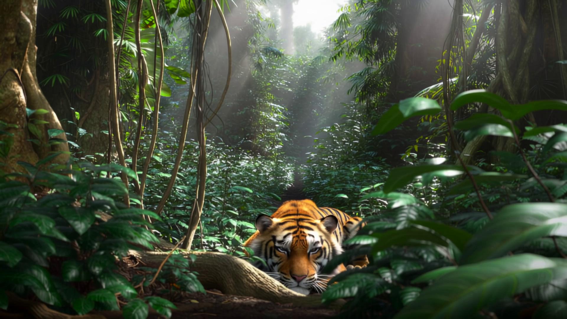 Prompt: A video of a hidden tiger suddenly jumping out of jungle bush towards the viewer jump scare unexpected fast 