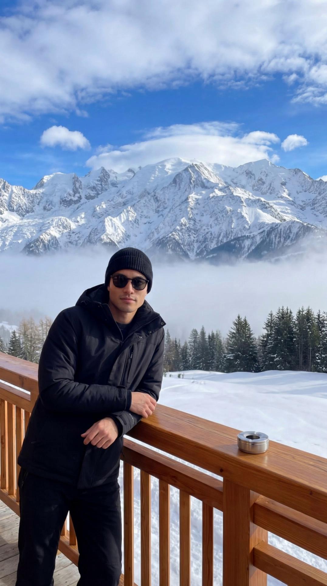Prompt: Ultra-realistic cinematic video of a stylish man standing on a wooden mountain lodge balcony overlooking vast snow-covered alpine mountains and pine forests. He is wearing a black winter jacket, black beanie, black pants, and dark sunglasses. Cold winter atmosphere with soft drifting mist over the snow and bright blue sky with scattered clouds. Natural daylight, crisp air, high-altitude environment.

The avatar is leaning casually on the wooden railing at first, then slowly straightens his posture. He calmly adjusts the sleeve of his jacket with one hand, then places both forearms on the railing while looking out toward the mountains. A subtle breath of condensation appears in the cold air as he exhales. After a moment, he turns his head slightly toward the camera with a relaxed, confident expression. Light wind gently moves parts of his jacket and beanie fabric. The camera performs a slow cinematic push-in from medium shot to slightly closer framing. Background fog drifts naturally across the snowy trees below.

Highly detailed winter lighting, realistic skin texture, natural body movement, cinematic depth of field, smooth motion, professional film look, 4K realism, stable camera movement, authentic fabric physics, natural posture transitions, lifelike breathing motion