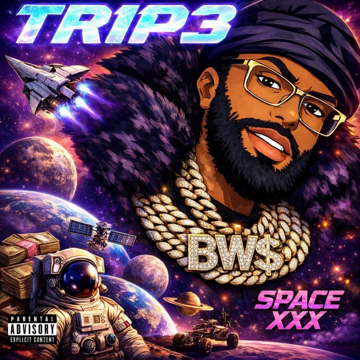 Prompt: Make spacey items move behind character Stars and universes and planets Make character move seductively Make rocket/spaceship fly away Make little truck move/drive on moon next to astronaut 