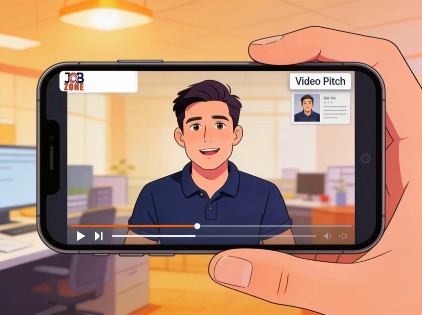 Prompt: Slow gentle push-in on the phone. The young man on the screen talks naturally to the camera, mouth moving as he speaks, subtle head and eye movement. The hand holding the phone stays steady. The JobZone logo and UI on the screen stay crisp and unchanged. Warm room, flat 2D cartoon.