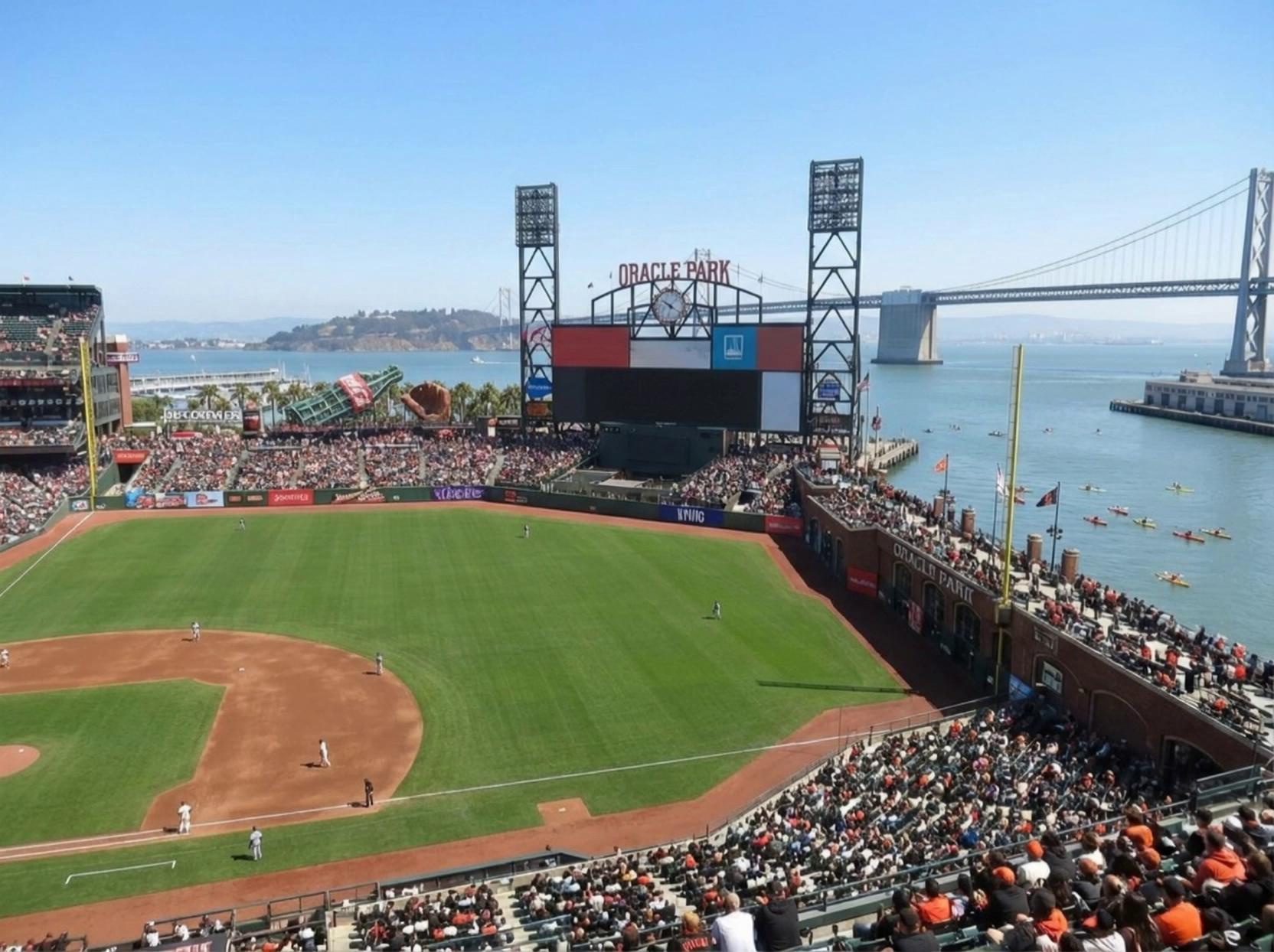 Prompt: Massive baseball stadium transformed into a giant water park. The field is covered in a sparkling wave pool, giant colorful water slides tower from the upper decks, people swimming and sliding, bright summer sun, inflatable tubes floating, palm trees added around the field, energetic festival atmosphere, cinematic drone shot sweeping across the stadium, ultra realistic, 4K detail.