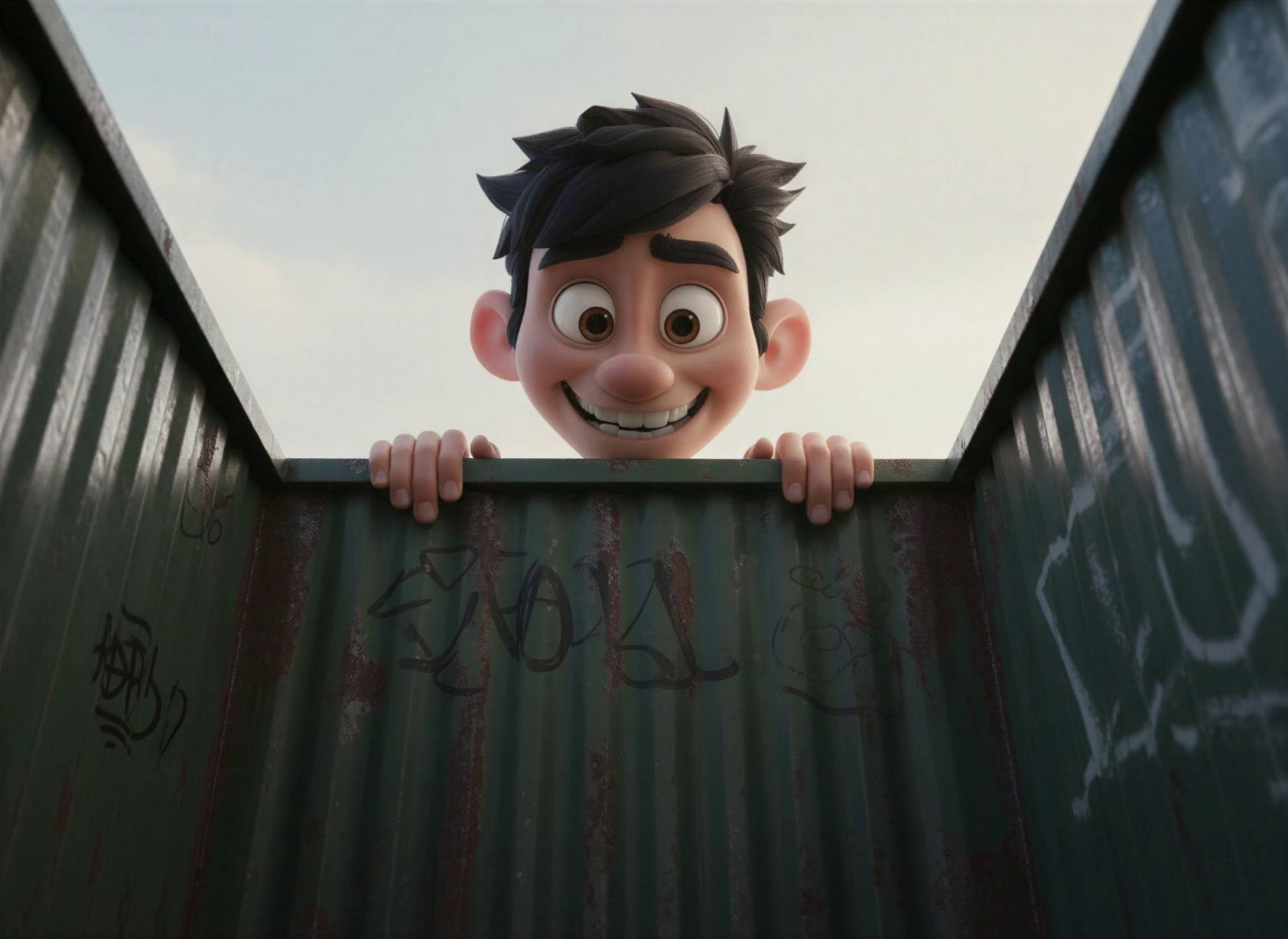 Prompt: have boy look into the dumpster curious, like he just heard something coming from inside. No voice. no vocals. no music. only sound effects