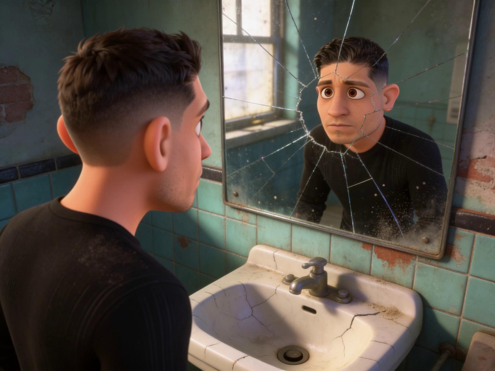 Prompt: he stares at himself in the mirror. push in on his face. no voice. no vocals. no music. 